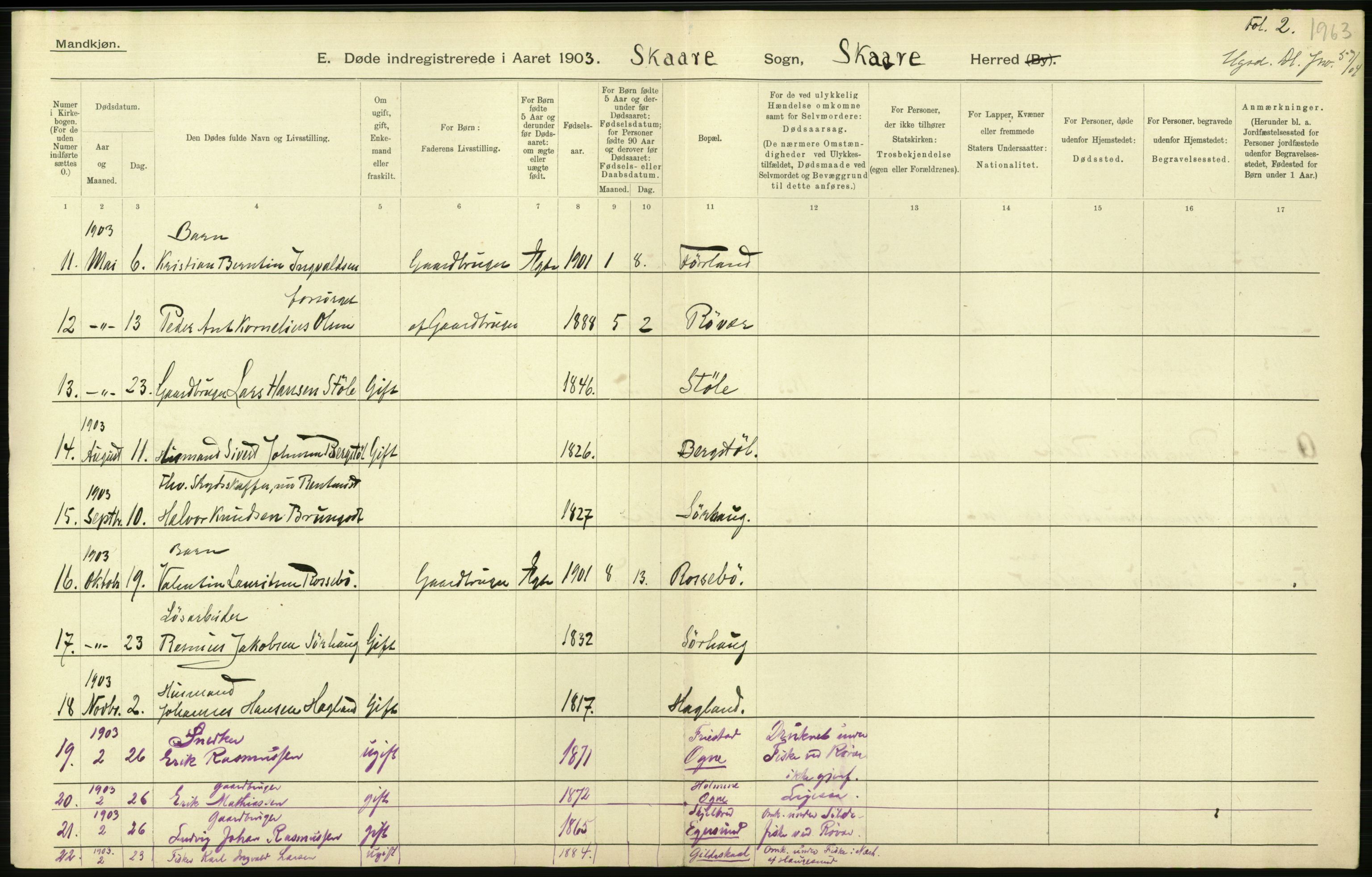 Statistisk sentralbyrå, Sosiodemografiske emner, Befolkning, AV/RA-S-2228/D/Df/Dfa/Dfaa/L0012: Stavanger amt: Fødte, gifte, døde, 1903, p. 814