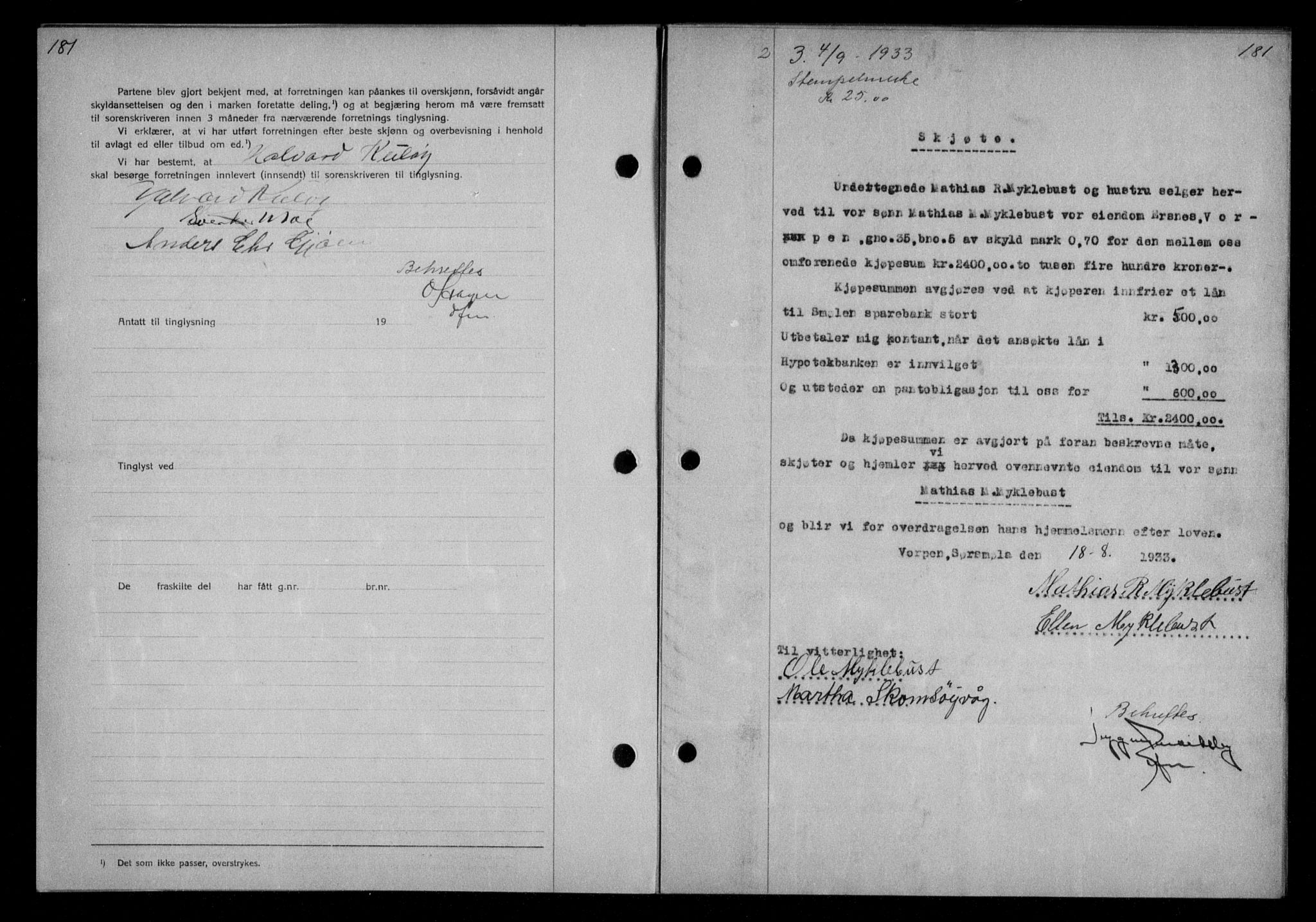 Nordmøre sorenskriveri, AV/SAT-A-4132/1/2/2Ca/L0079: Mortgage book no. 69, 1933-1933, Deed date: 04.09.1933