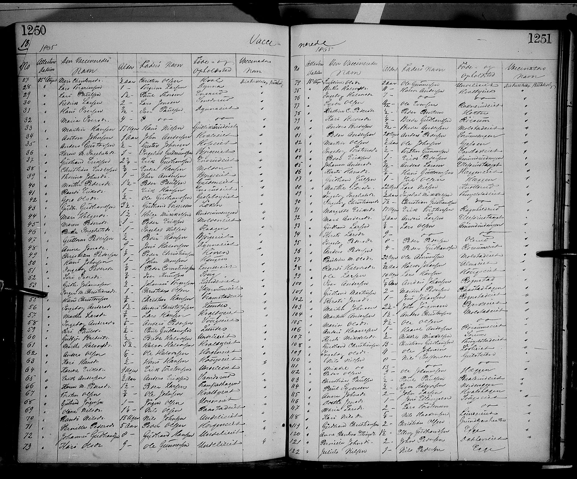 Gran prestekontor, AV/SAH-PREST-112/H/Ha/Haa/L0012: Parish register (official) no. 12, 1856-1874, p. 1250-1251