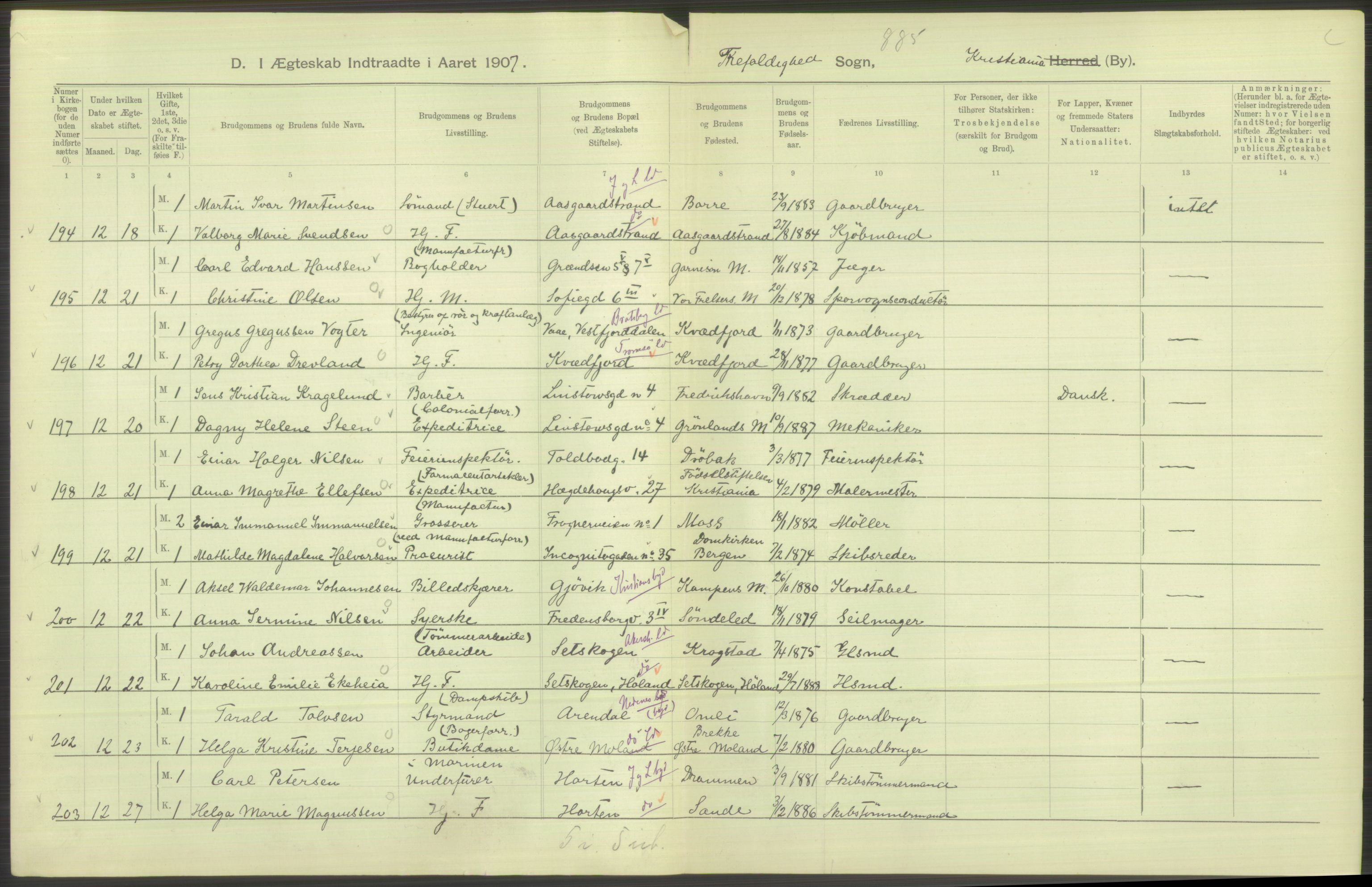 Statistisk sentralbyrå, Sosiodemografiske emner, Befolkning, AV/RA-S-2228/D/Df/Dfa/Dfae/L0008: Kristiania: Gifte, 1907, p. 276