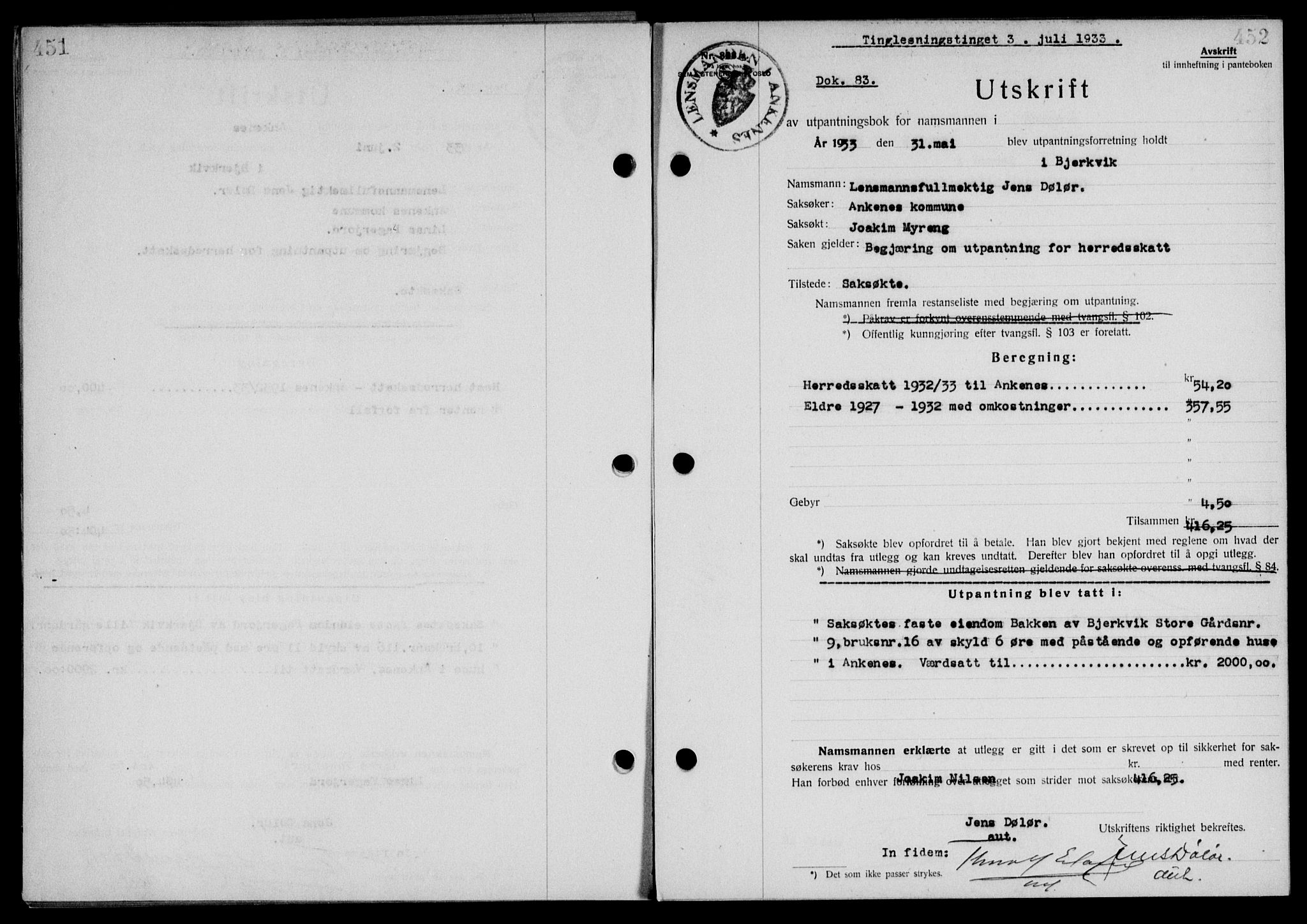 Steigen og Ofoten sorenskriveri, SAT/A-0030/1/2/2C/L0023/0002: Mortgage book no. 26-II og 27, 1933-1934, Deed date: 03.07.1933
