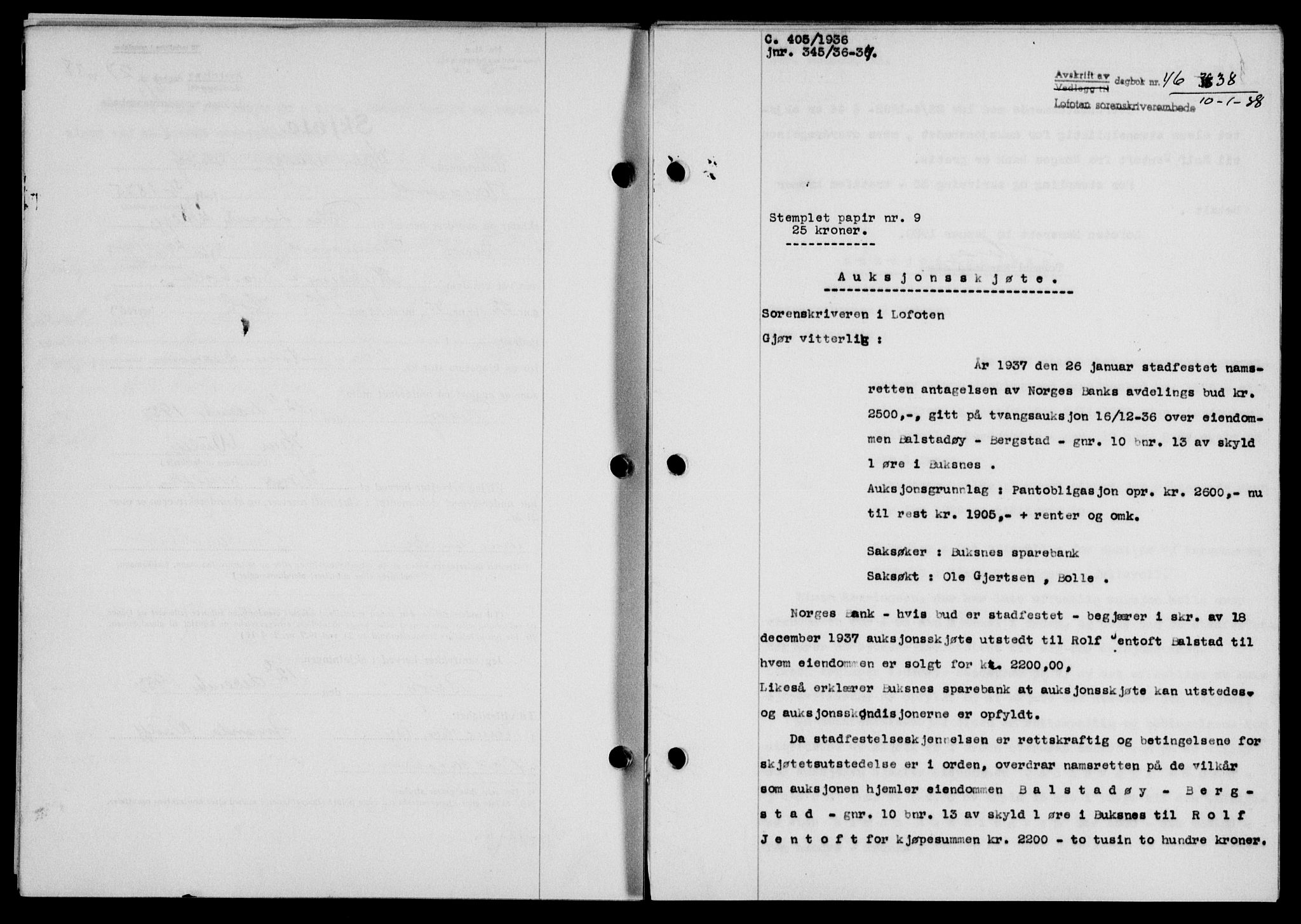 Lofoten sorenskriveri, SAT/A-0017/1/2/2C/L0003a: Mortgage book no. 3a, 1937-1938, Diary no: : 46/1938