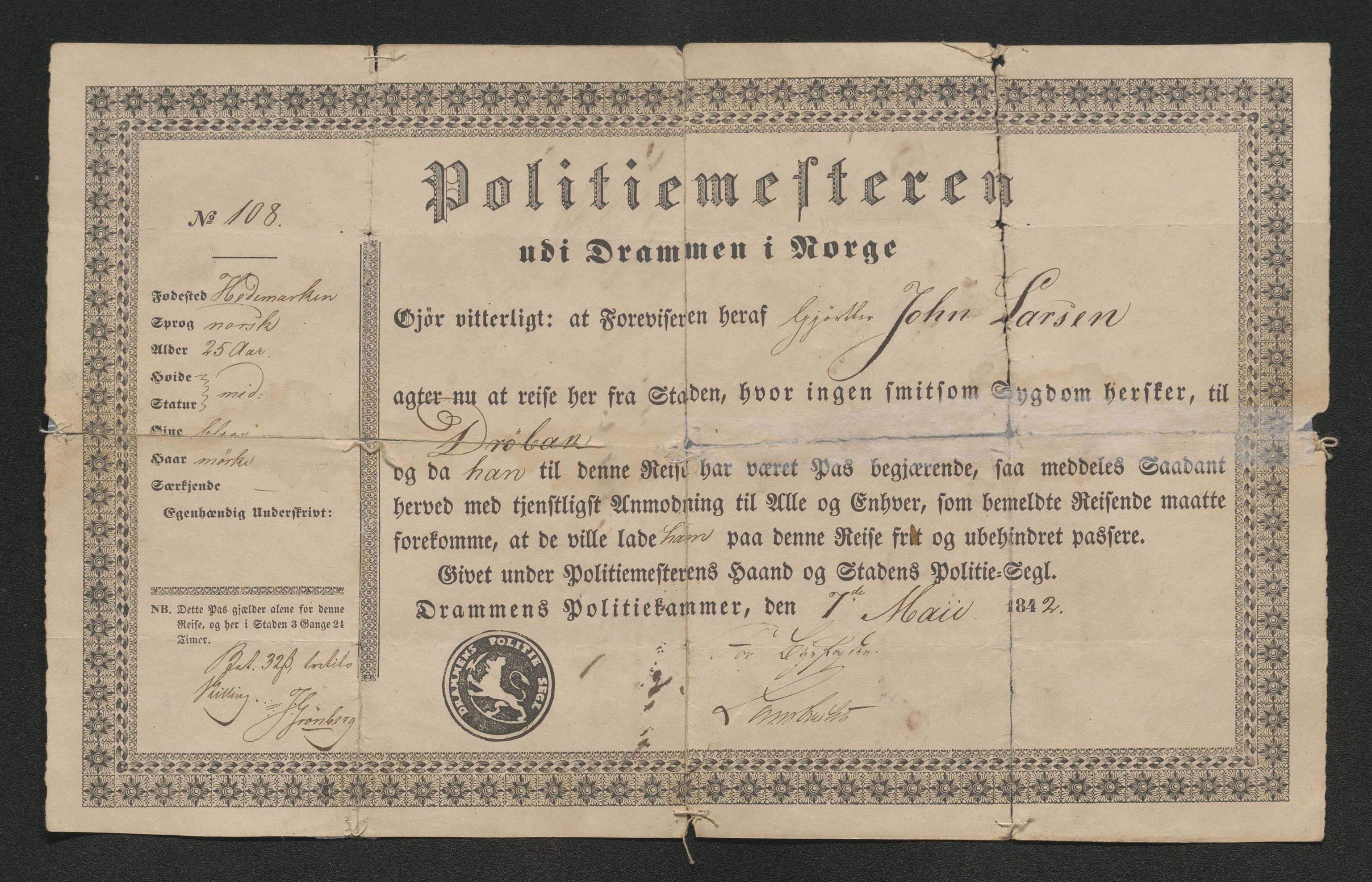 Drammen politikammer, SAKO/A-623/I/Ia/Iab/L0006: Innleverte pass, 1841-1842, p. 592