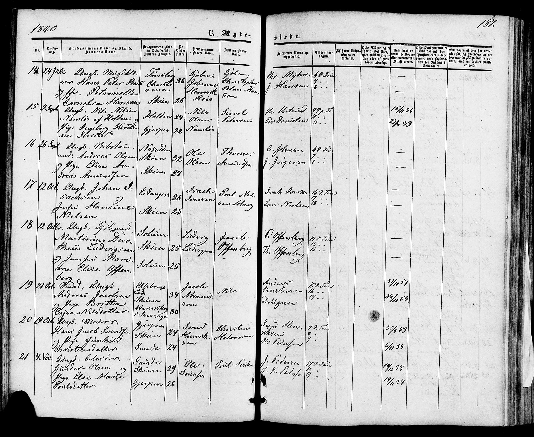 Skien kirkebøker, SAKO/A-302/F/Fa/L0007: Parish register (official) no. 7, 1856-1865, p. 187