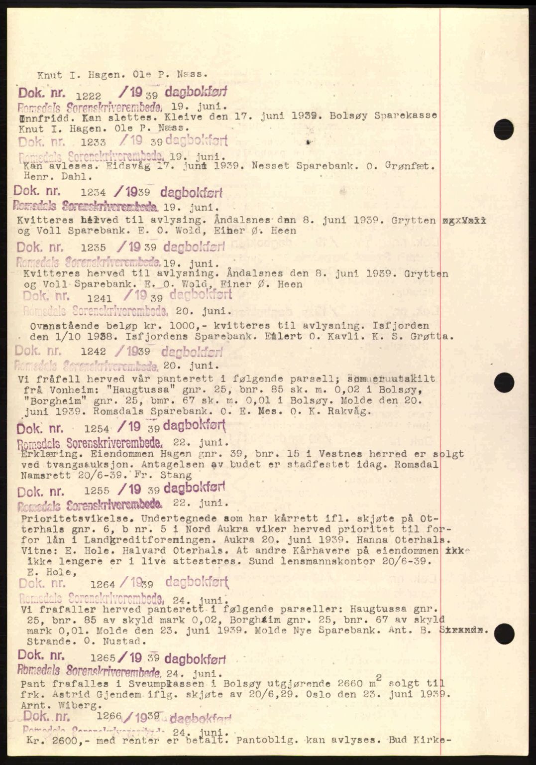 Romsdal sorenskriveri, AV/SAT-A-4149/1/2/2C: Mortgage book no. C1a, 1936-1945, Diary no: : 1222/1939