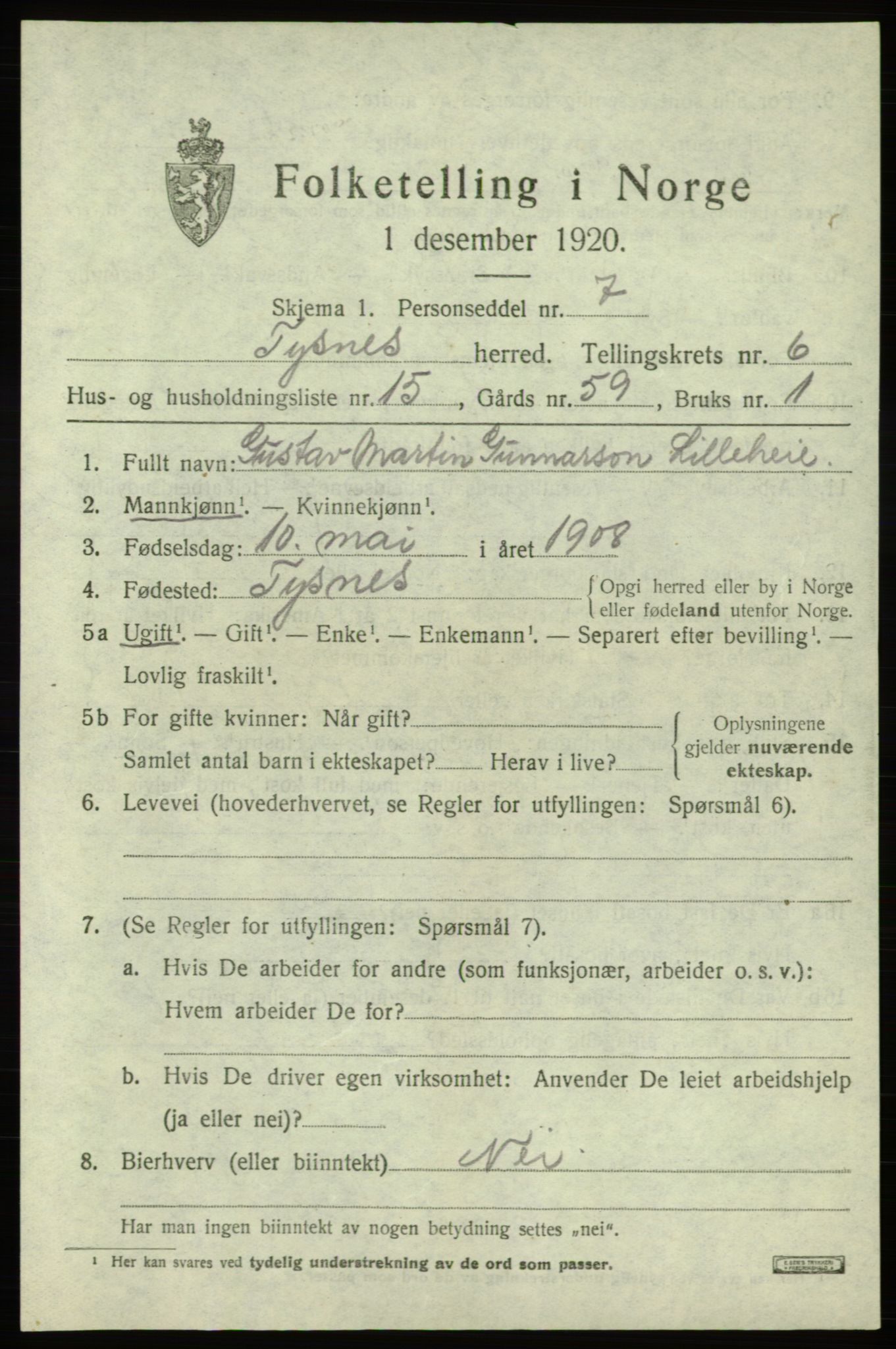 SAB, 1920 census for Tysnes, 1920, p. 4552