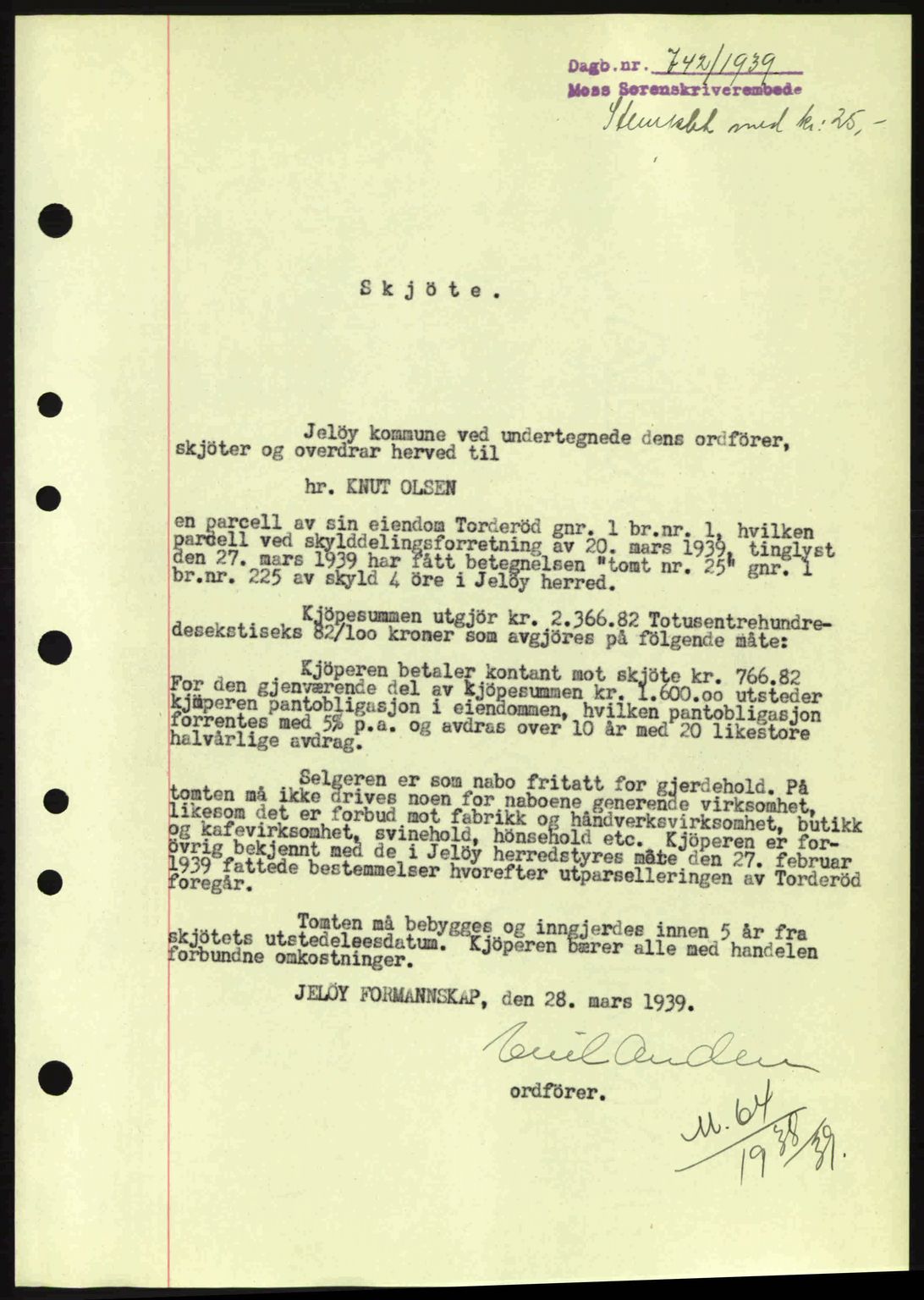 Moss sorenskriveri, SAO/A-10168: Mortgage book no. A5, 1938-1939, Diary no: : 742/1939