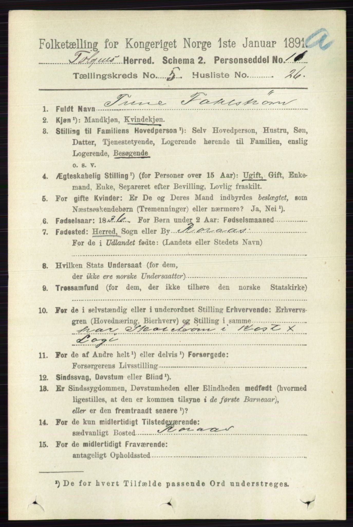 RA, 1891 census for 0436 Tolga, 1891, p. 1461