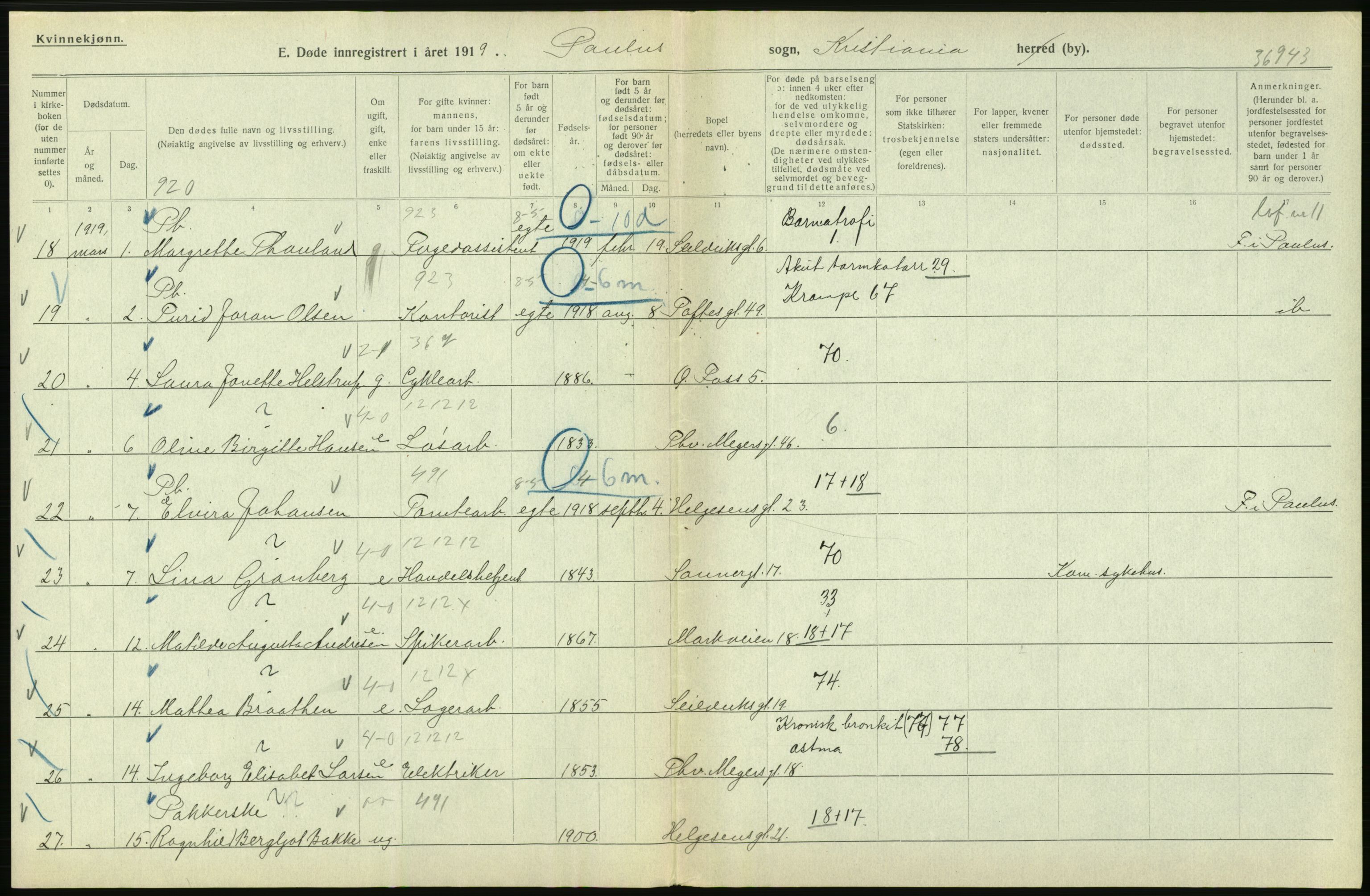 Statistisk sentralbyrå, Sosiodemografiske emner, Befolkning, AV/RA-S-2228/D/Df/Dfb/Dfbi/L0010: Kristiania: Døde, 1919, p. 598