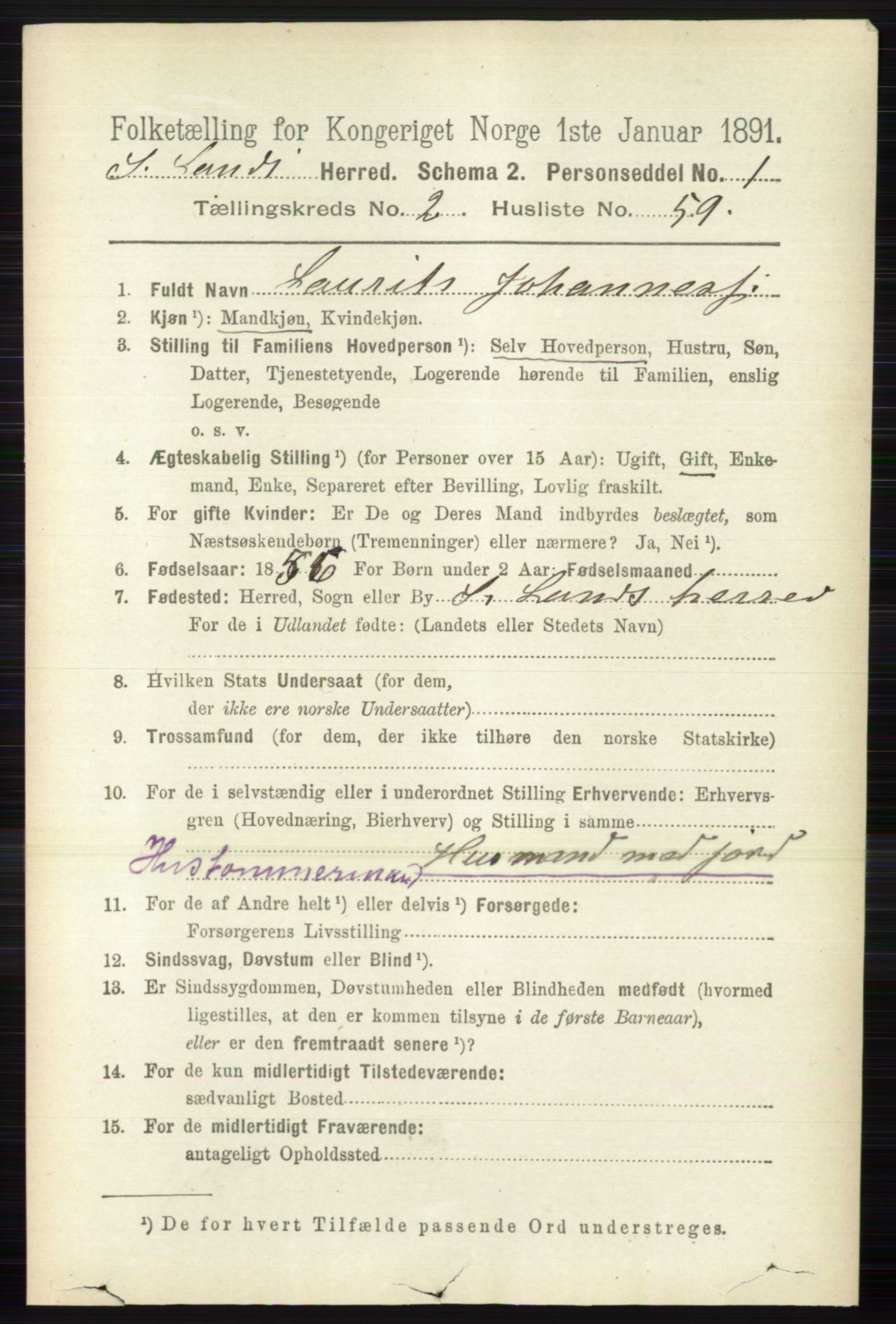 RA, 1891 census for 0536 Søndre Land, 1891, p. 1403