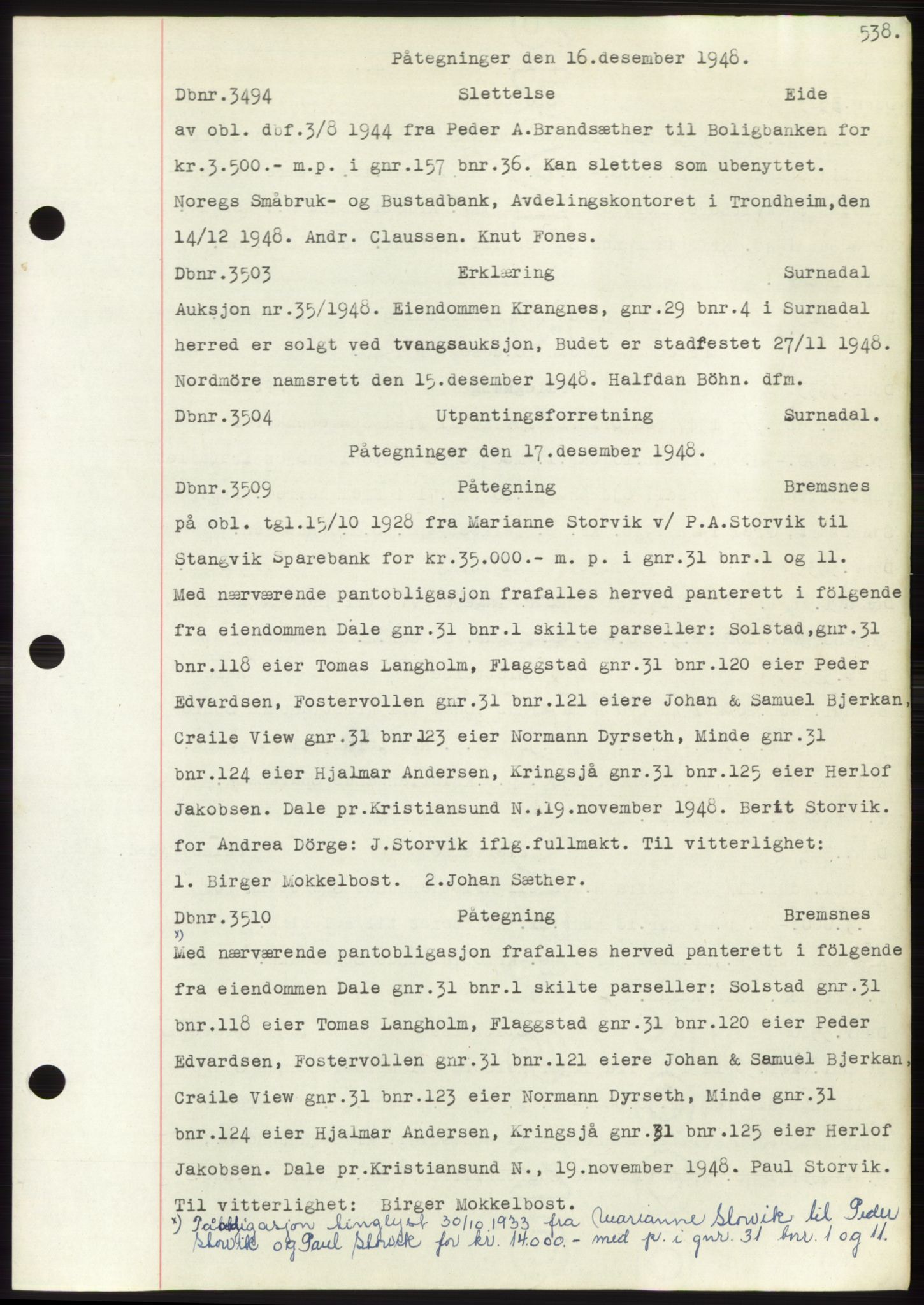 Nordmøre sorenskriveri, SAT/A-4132/1/2/2Ca: Mortgage book no. C82b, 1946-1951, Diary no: : 3494/1948