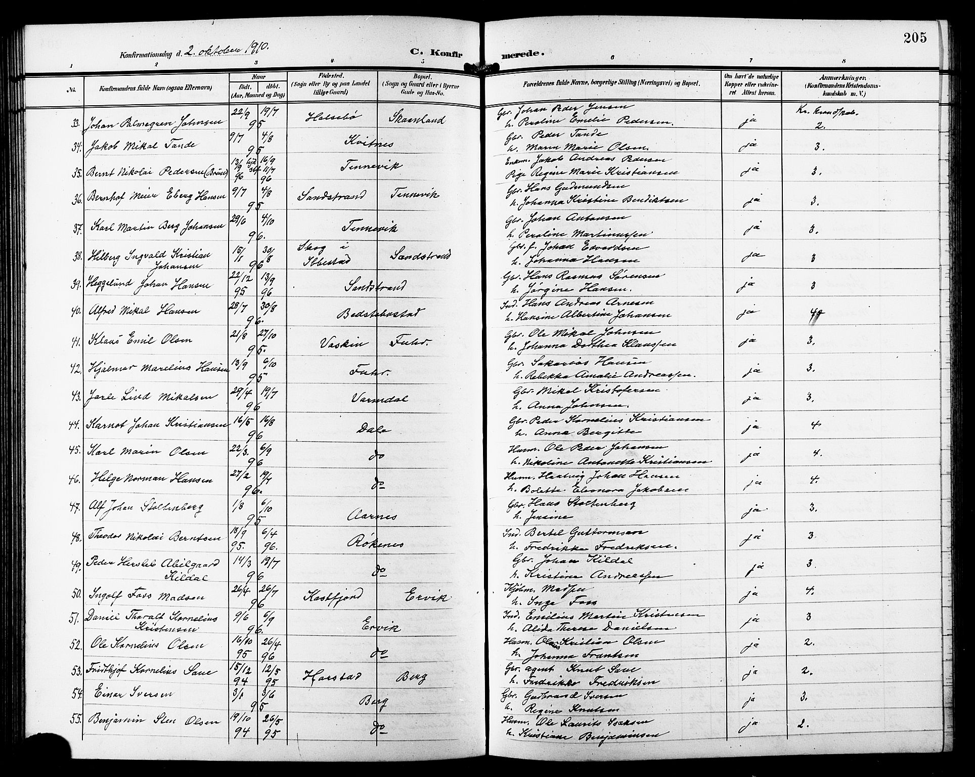 Trondenes sokneprestkontor, AV/SATØ-S-1319/H/Hb/L0012klokker: Parish register (copy) no. 12, 1907-1916, p. 205