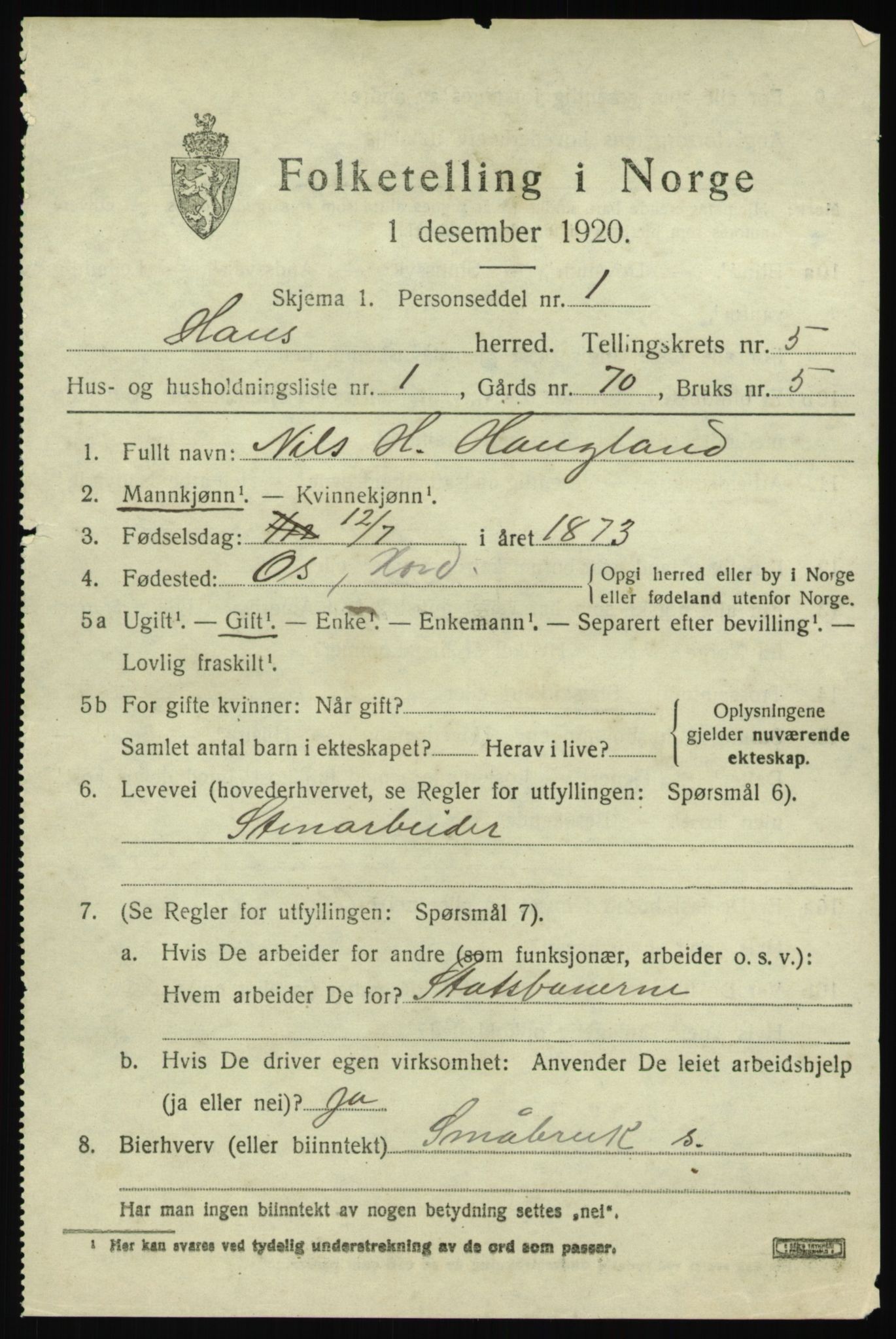 SAB, 1920 census for Haus, 1920, p. 3279