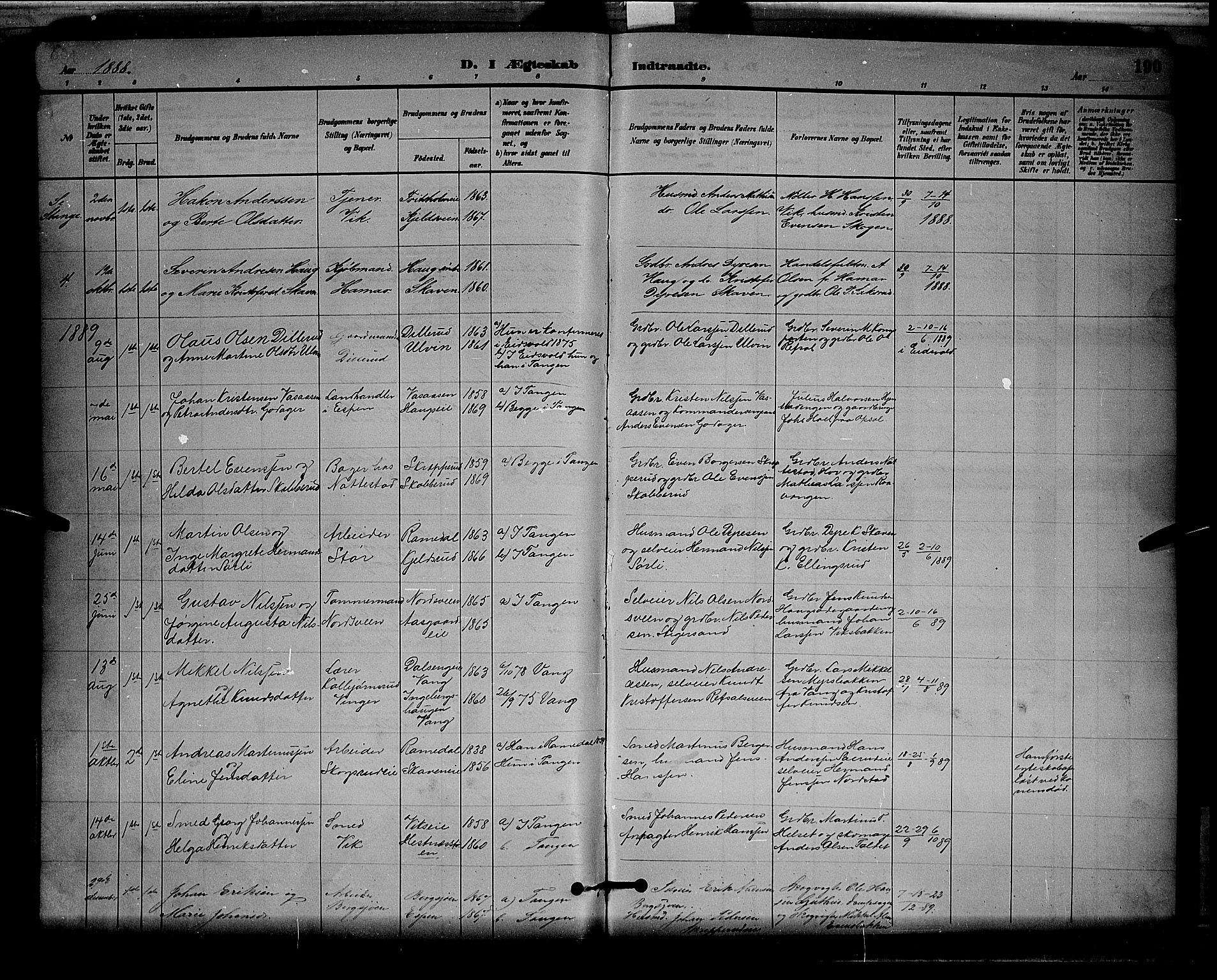 Stange prestekontor, SAH/PREST-002/L/L0008: Parish register (copy) no. 8, 1882-1895, p. 190