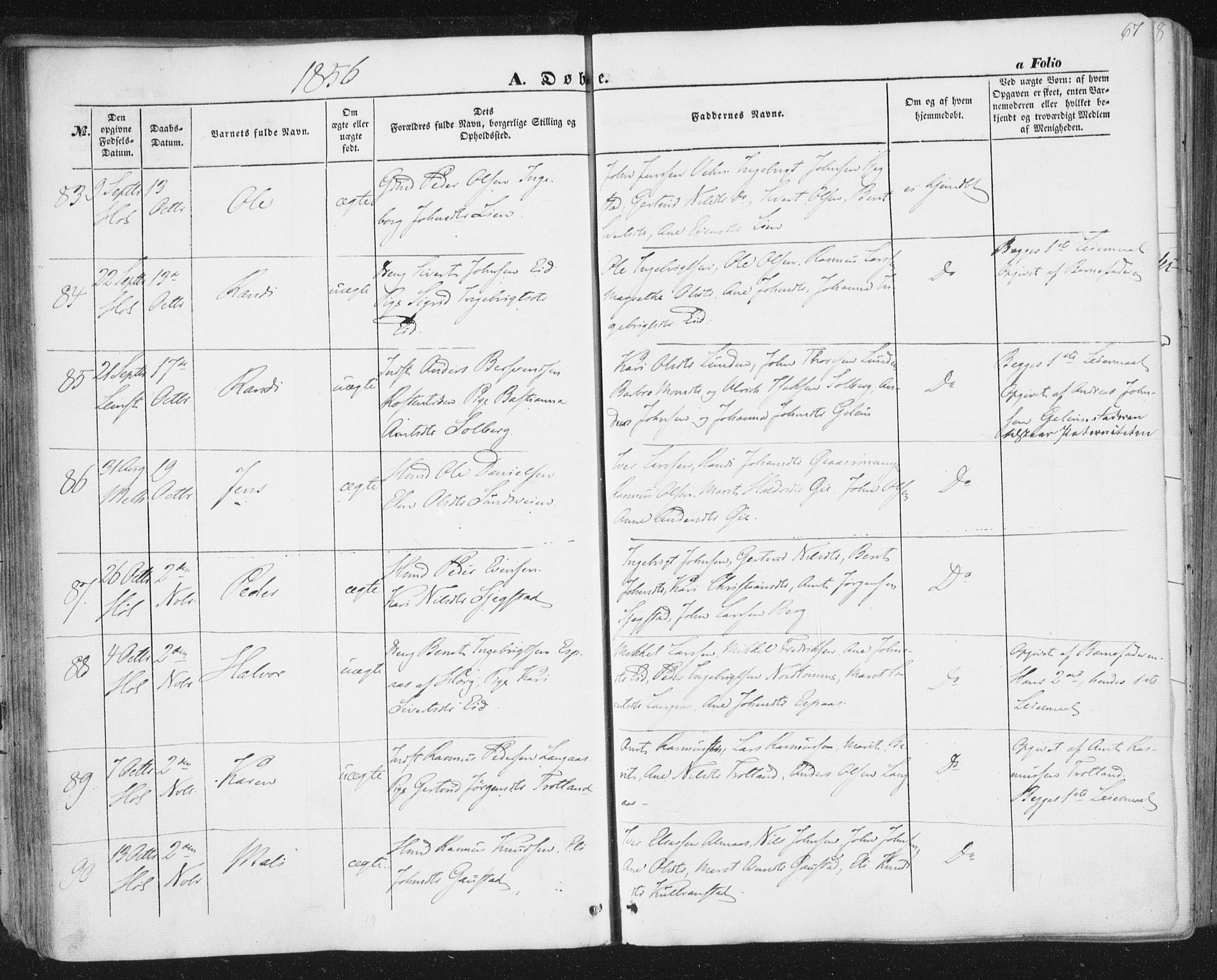 Ministerialprotokoller, klokkerbøker og fødselsregistre - Sør-Trøndelag, AV/SAT-A-1456/691/L1076: Parish register (official) no. 691A08, 1852-1861, p. 67