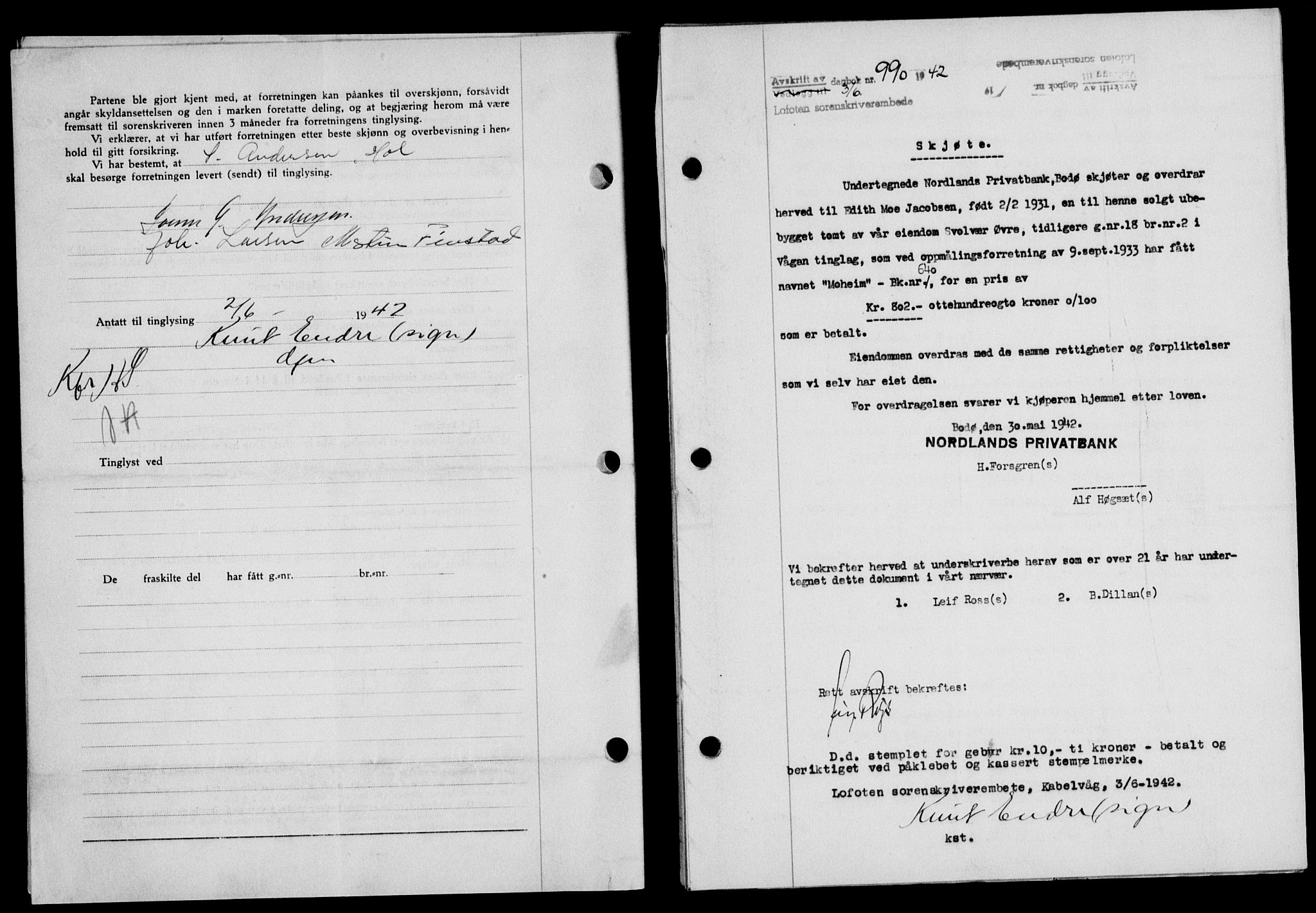 Lofoten sorenskriveri, SAT/A-0017/1/2/2C/L0010a: Mortgage book no. 10a, 1942-1943, Diary no: : 990/1942