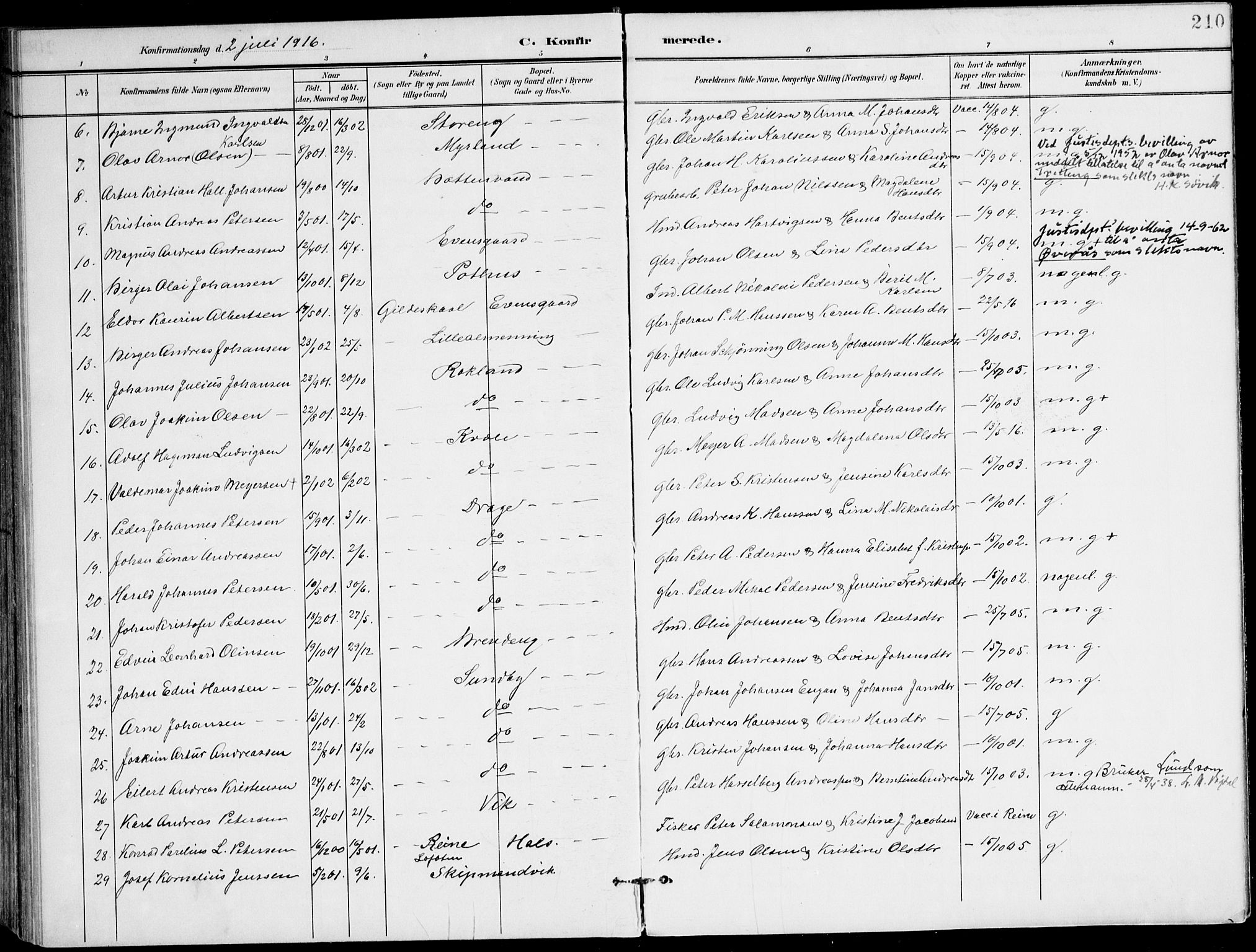 Ministerialprotokoller, klokkerbøker og fødselsregistre - Nordland, AV/SAT-A-1459/847/L0672: Parish register (official) no. 847A12, 1902-1919, p. 210