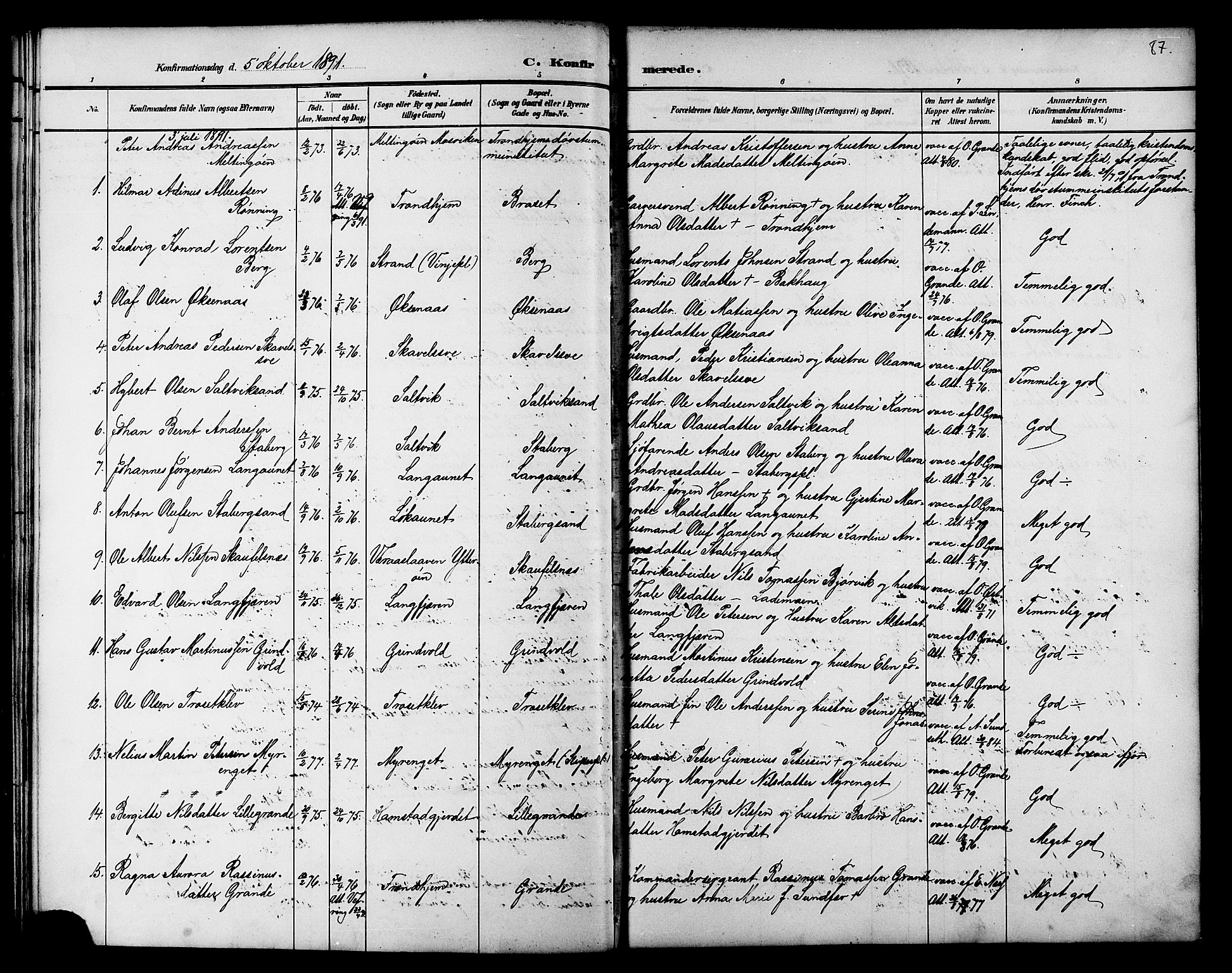 Ministerialprotokoller, klokkerbøker og fødselsregistre - Nord-Trøndelag, SAT/A-1458/733/L0327: Parish register (copy) no. 733C02, 1888-1918, p. 87