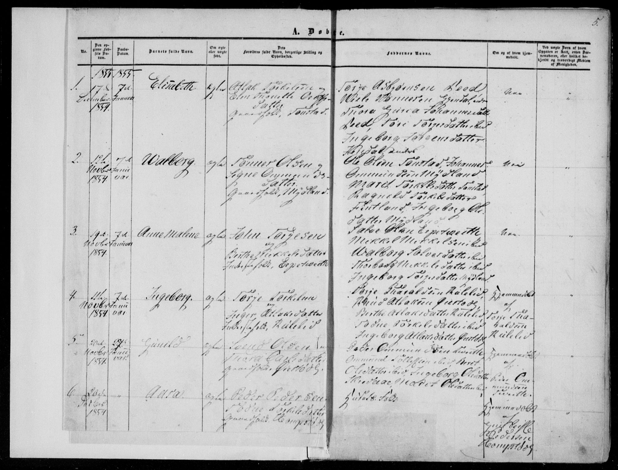 Sirdal sokneprestkontor, SAK/1111-0036/F/Fa/Fab/L0002: Parish register (official) no. A 2, 1855-1874, p. 5