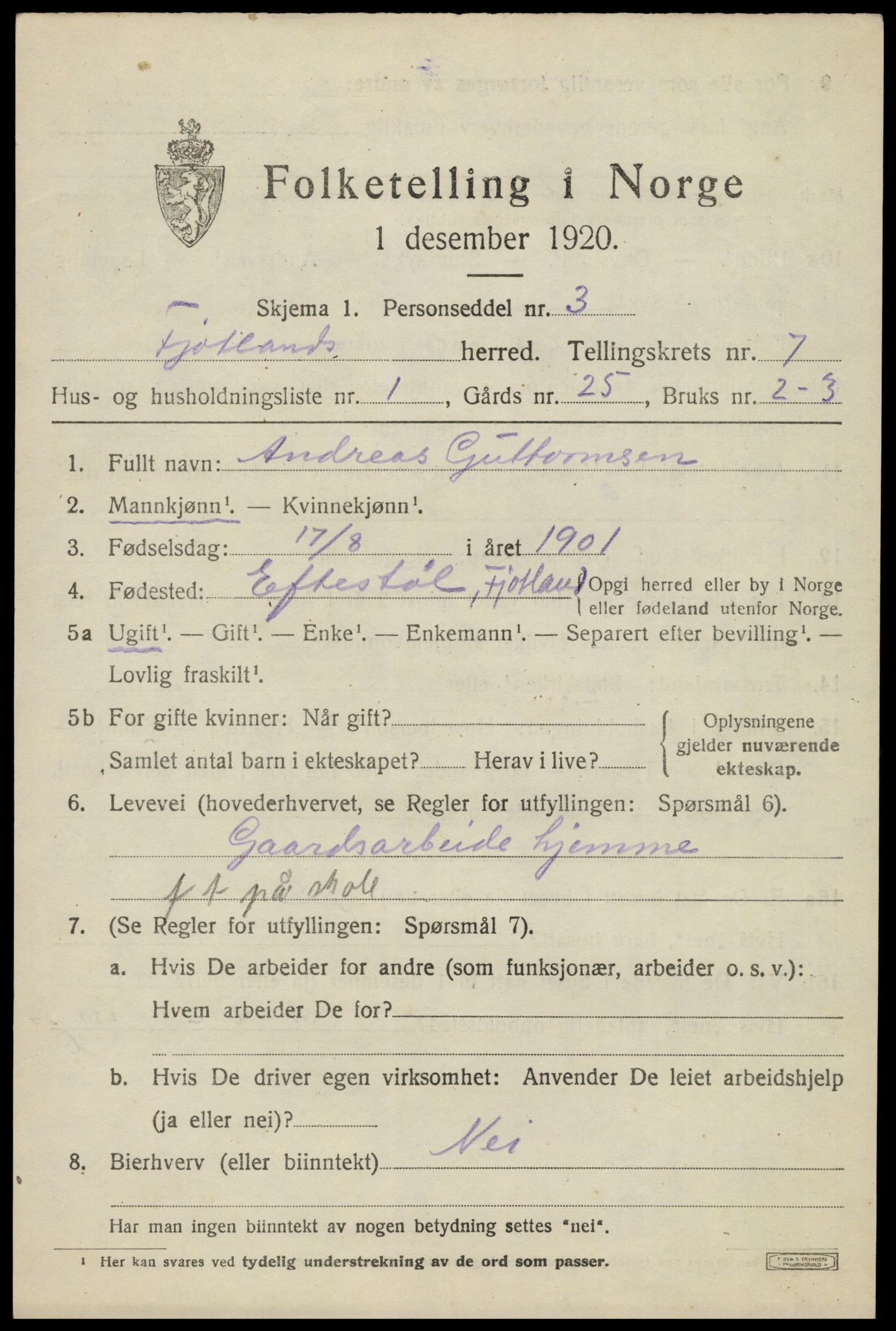 SAK, 1920 census for Fjotland, 1920, p. 1816