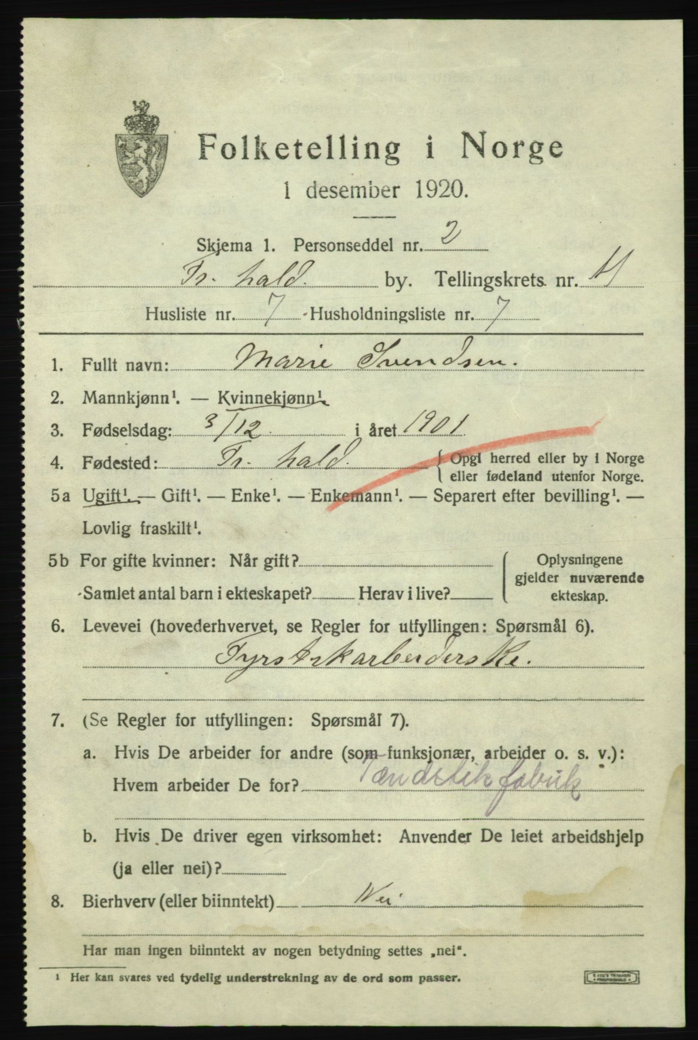 SAO, 1920 census for Fredrikshald, 1920, p. 18981