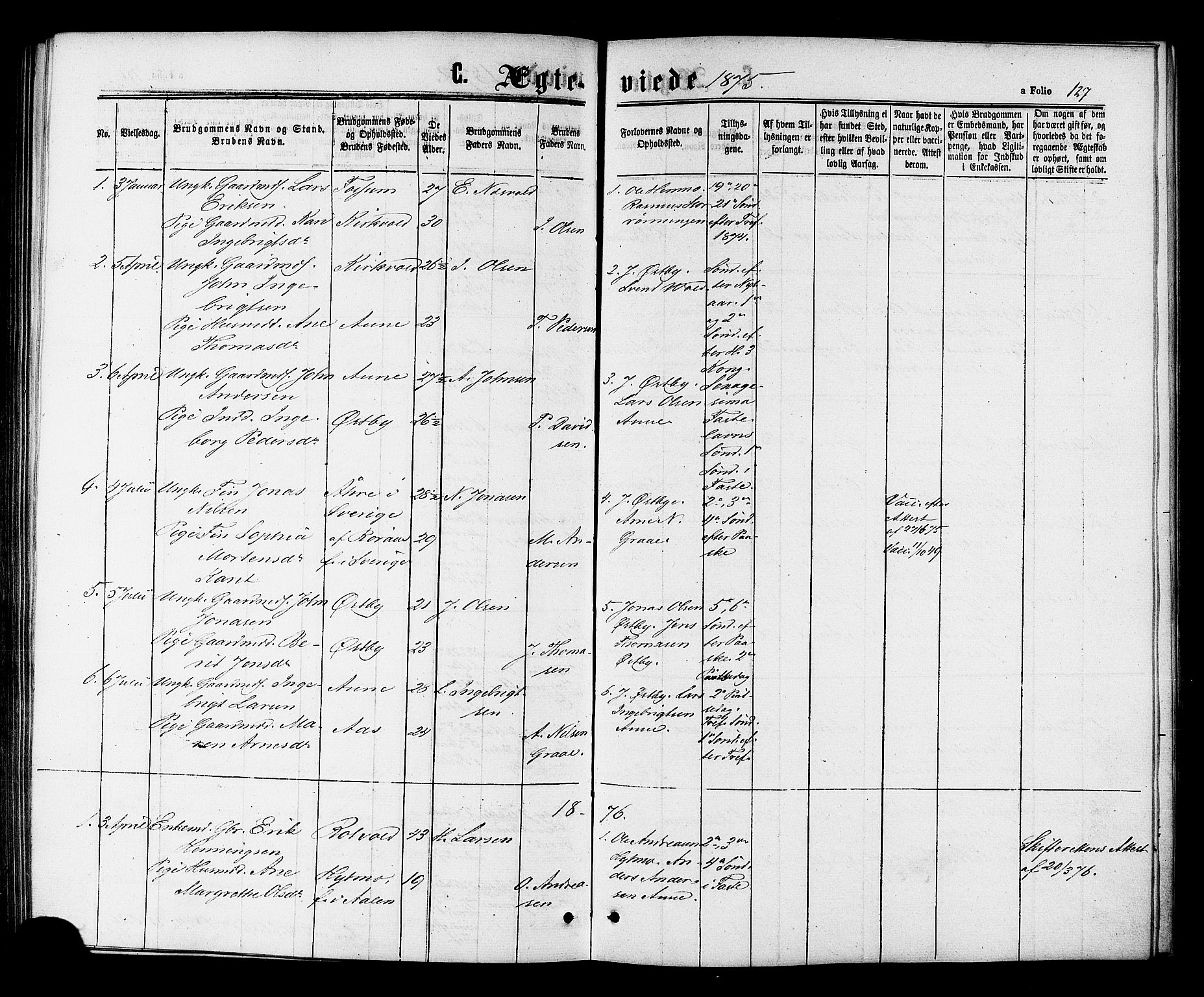 Ministerialprotokoller, klokkerbøker og fødselsregistre - Sør-Trøndelag, AV/SAT-A-1456/698/L1163: Parish register (official) no. 698A01, 1862-1887, p. 127