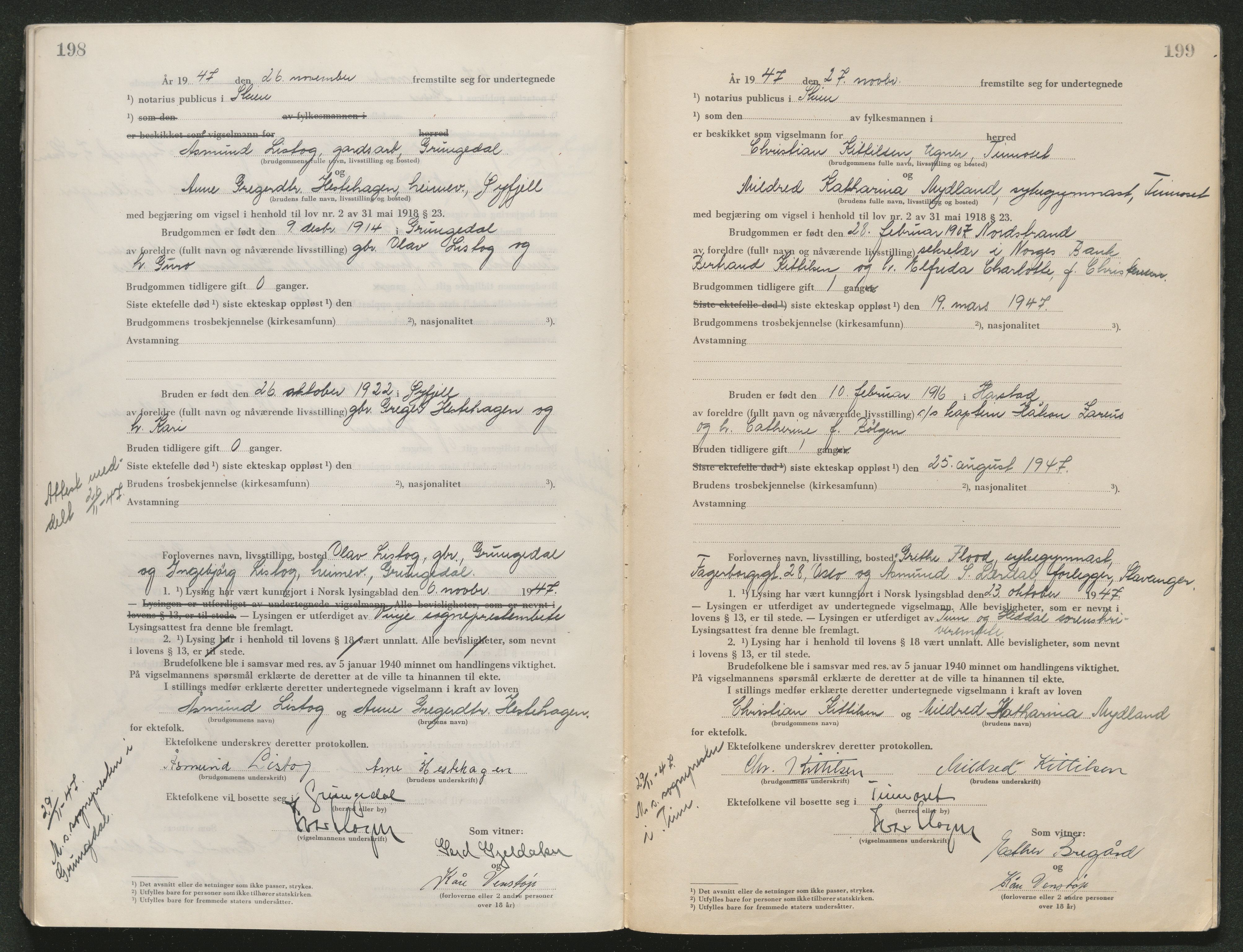 Skien sorenskriveri, AV/SAKO-A-225/L/La/L0001: Vigselsprotokoll, 1920-1947, p. 198-199