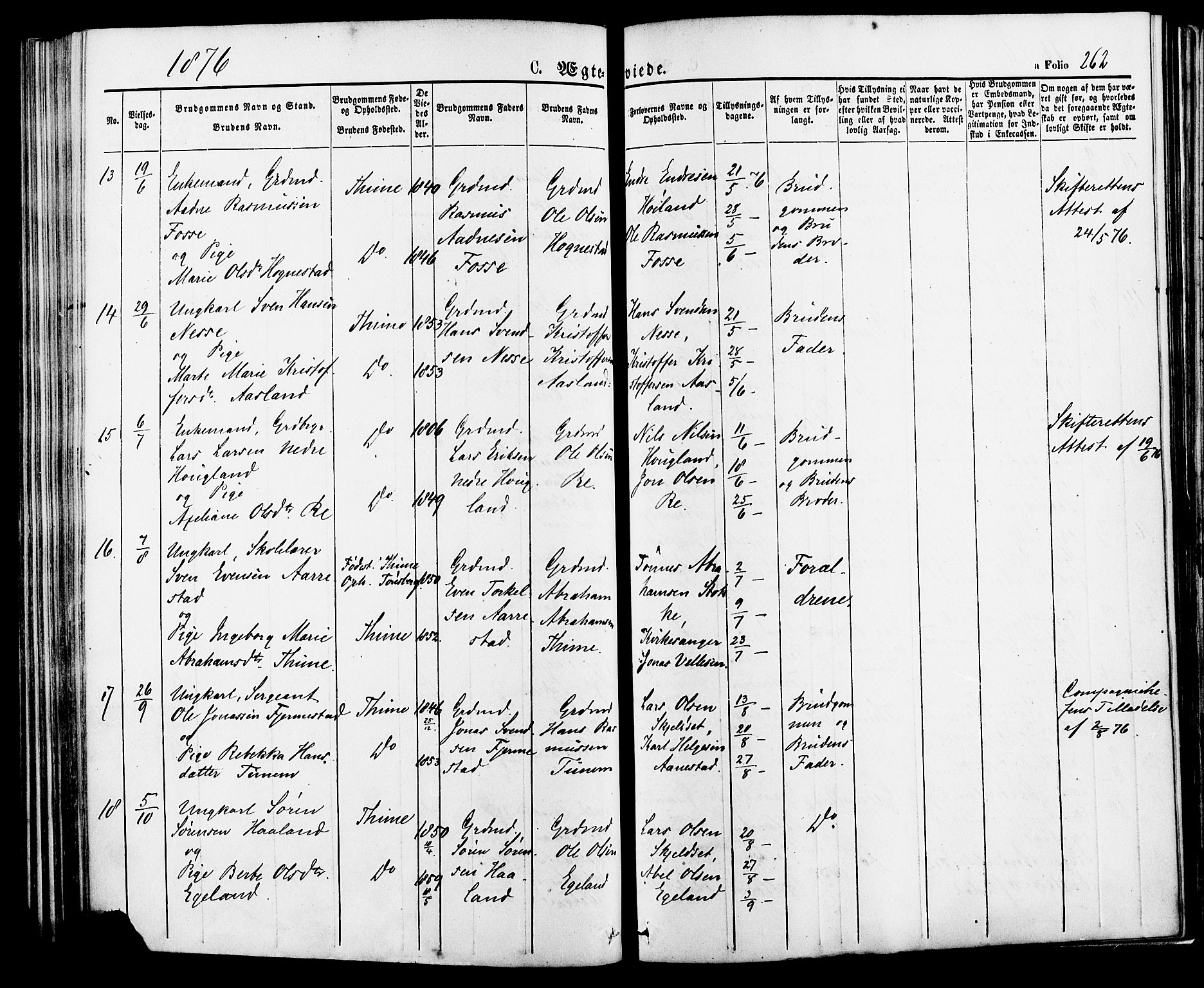 Lye sokneprestkontor, AV/SAST-A-101794/001/30BA/L0008: Parish register (official) no. A 7, 1872-1881, p. 262