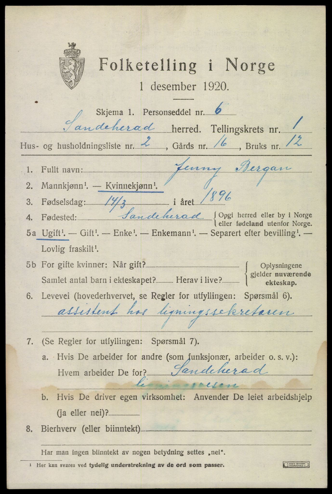 SAKO, 1920 census for Sandeherred, 1920, p. 3776