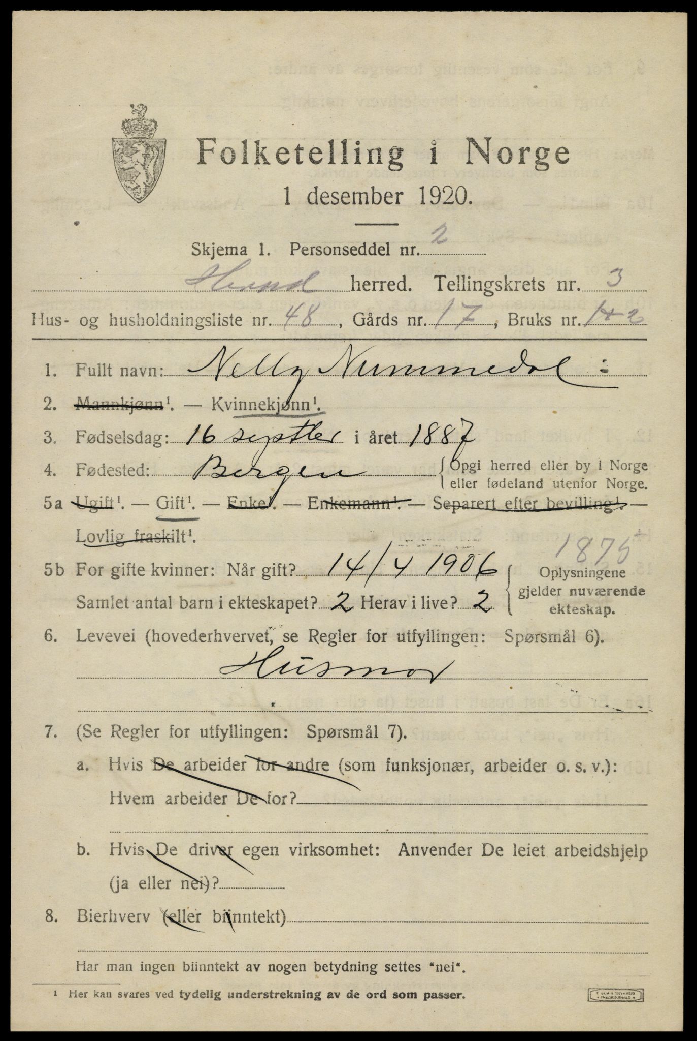 SAK, 1920 census for Herad, 1920, p. 1712