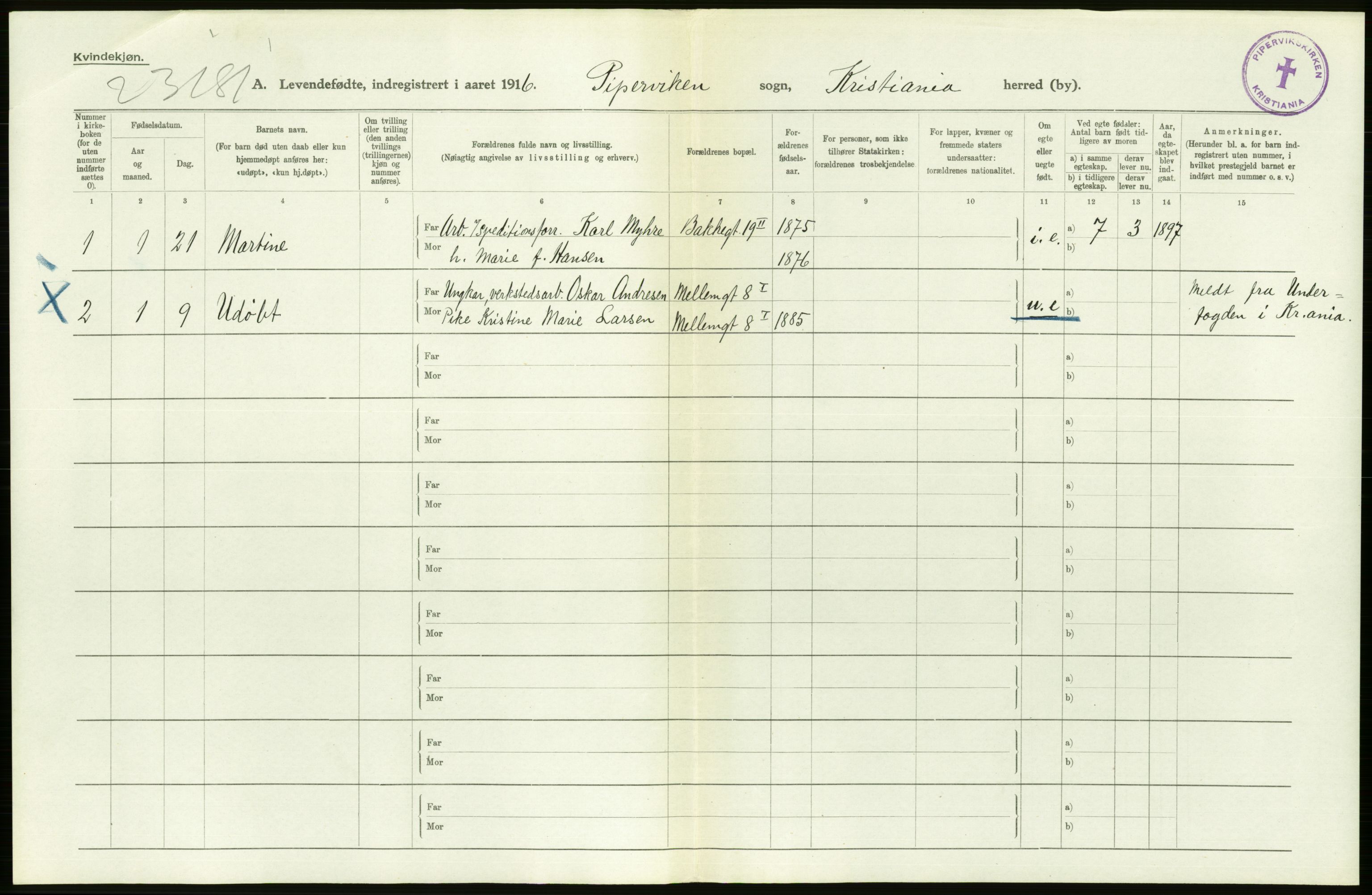 Statistisk sentralbyrå, Sosiodemografiske emner, Befolkning, AV/RA-S-2228/D/Df/Dfb/Dfbf/L0007: Kristiania: Levendefødte menn og kvinner., 1916, p. 500