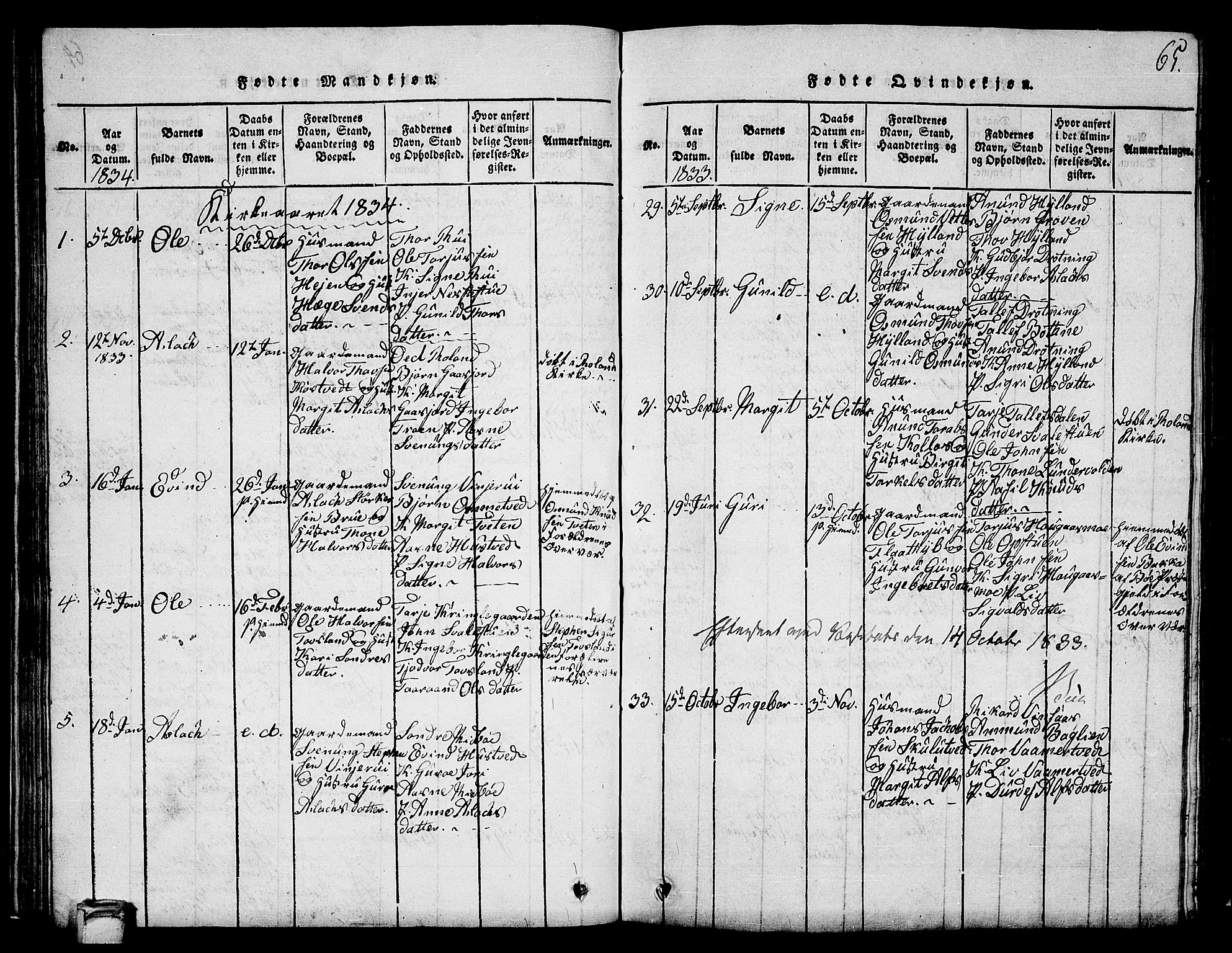 Vinje kirkebøker, SAKO/A-312/G/Ga/L0001: Parish register (copy) no. I 1, 1814-1843, p. 65