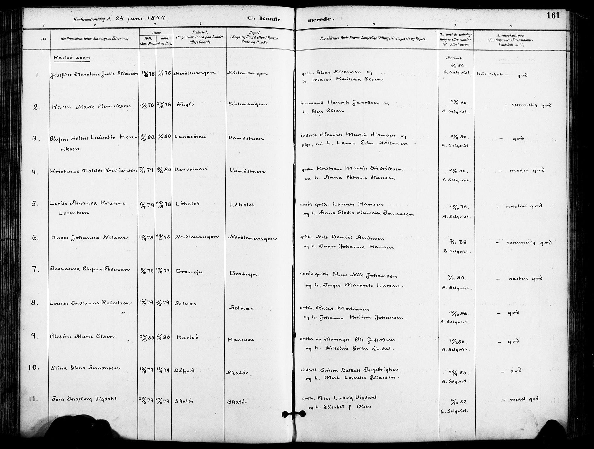 Karlsøy sokneprestembete, AV/SATØ-S-1299/H/Ha/Haa/L0007kirke: Parish register (official) no. 7, 1891-1902, p. 161