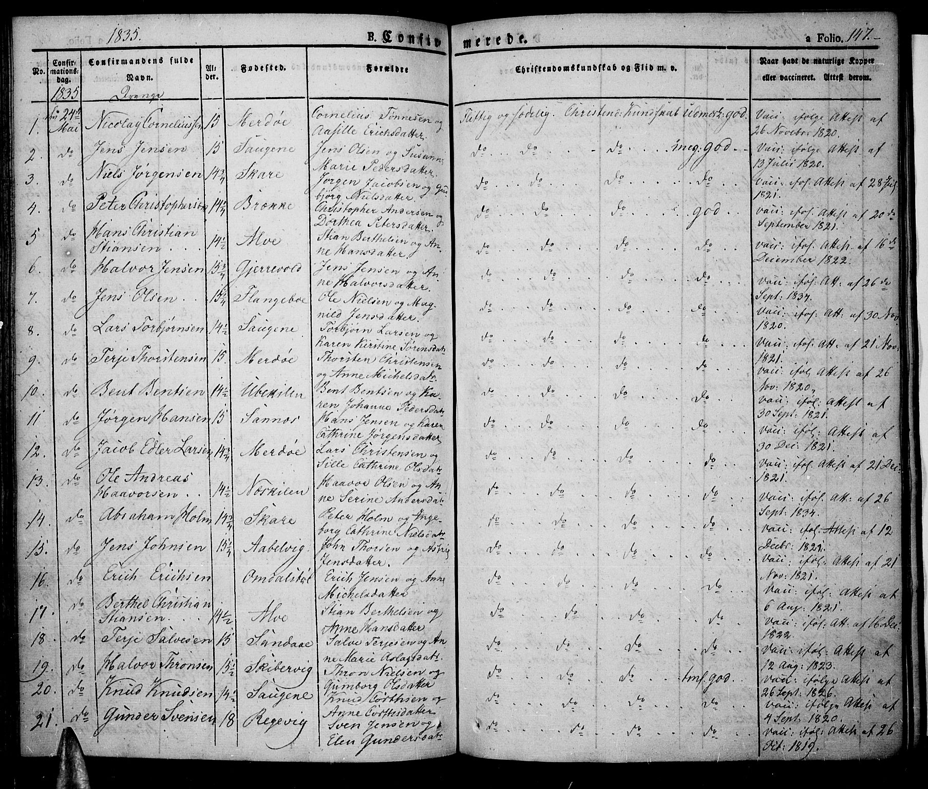 Tromøy sokneprestkontor, SAK/1111-0041/F/Fa/L0003: Parish register (official) no. A 3, 1825-1837, p. 147