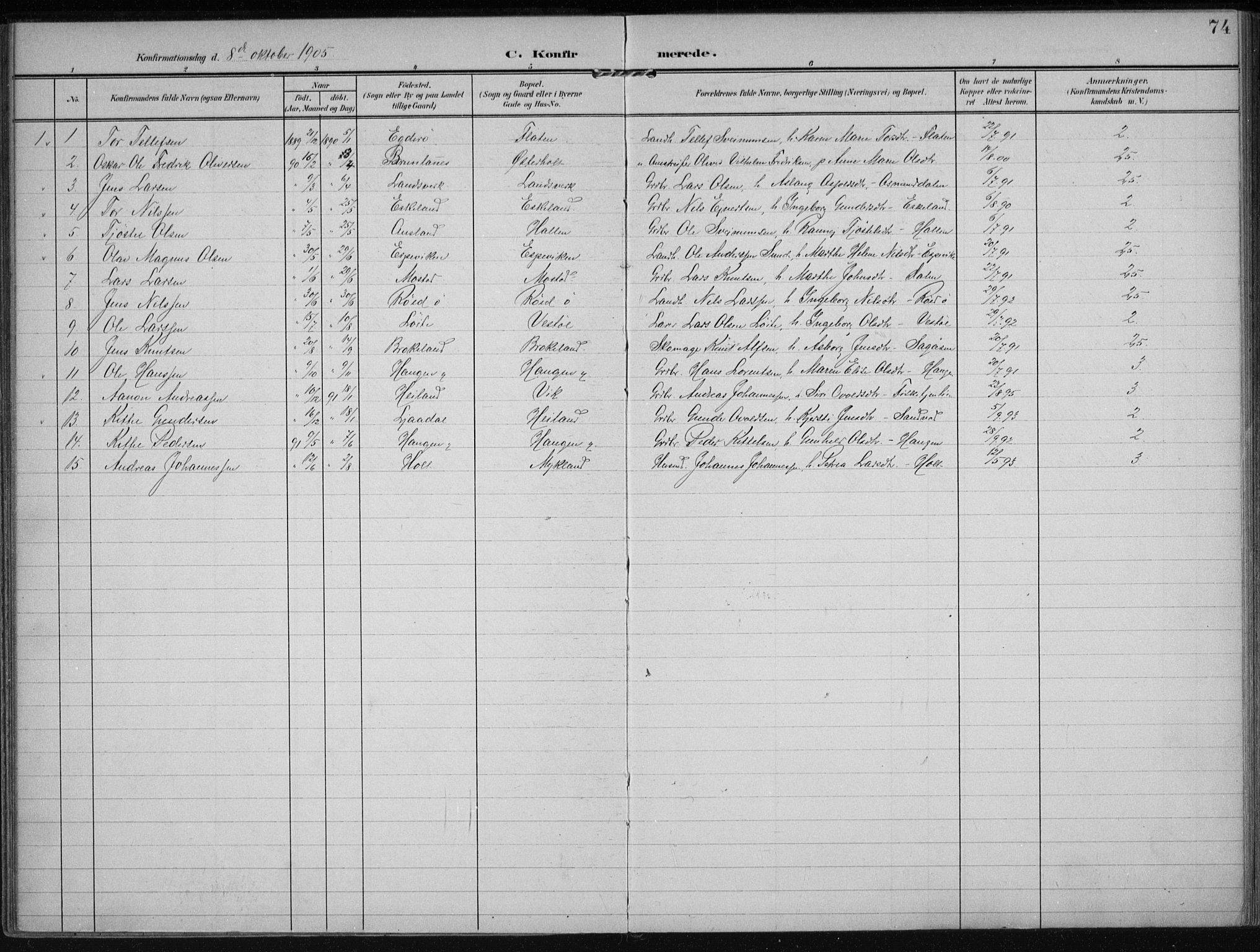 Gjerstad sokneprestkontor, AV/SAK-1111-0014/F/Fa/Faa/L0011: Parish register (official) no. A 11, 1903-1914, p. 74