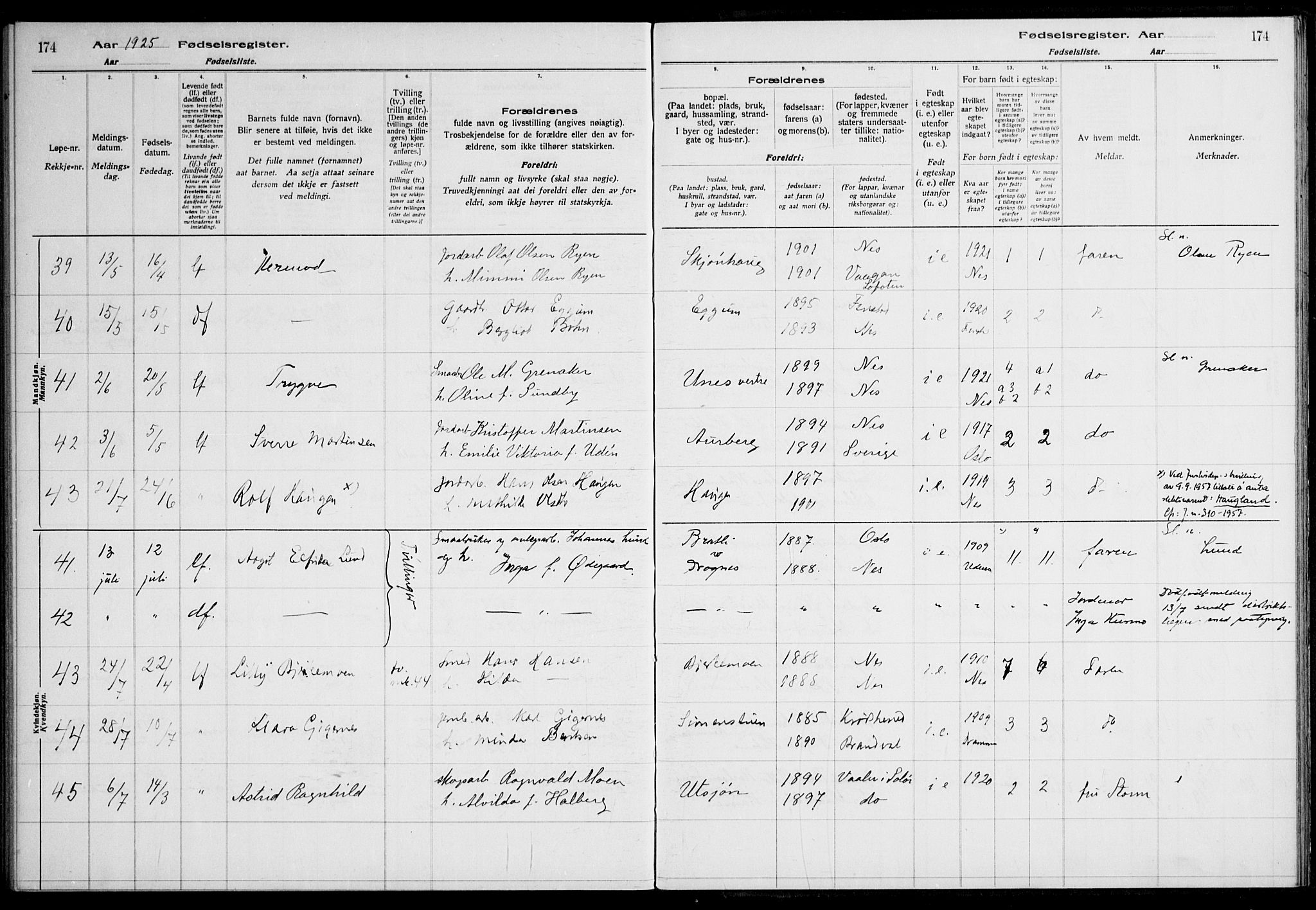 Nes prestekontor Kirkebøker, AV/SAO-A-10410/J/Ja/L0001: Birth register no. 1, 1916-1926, p. 174