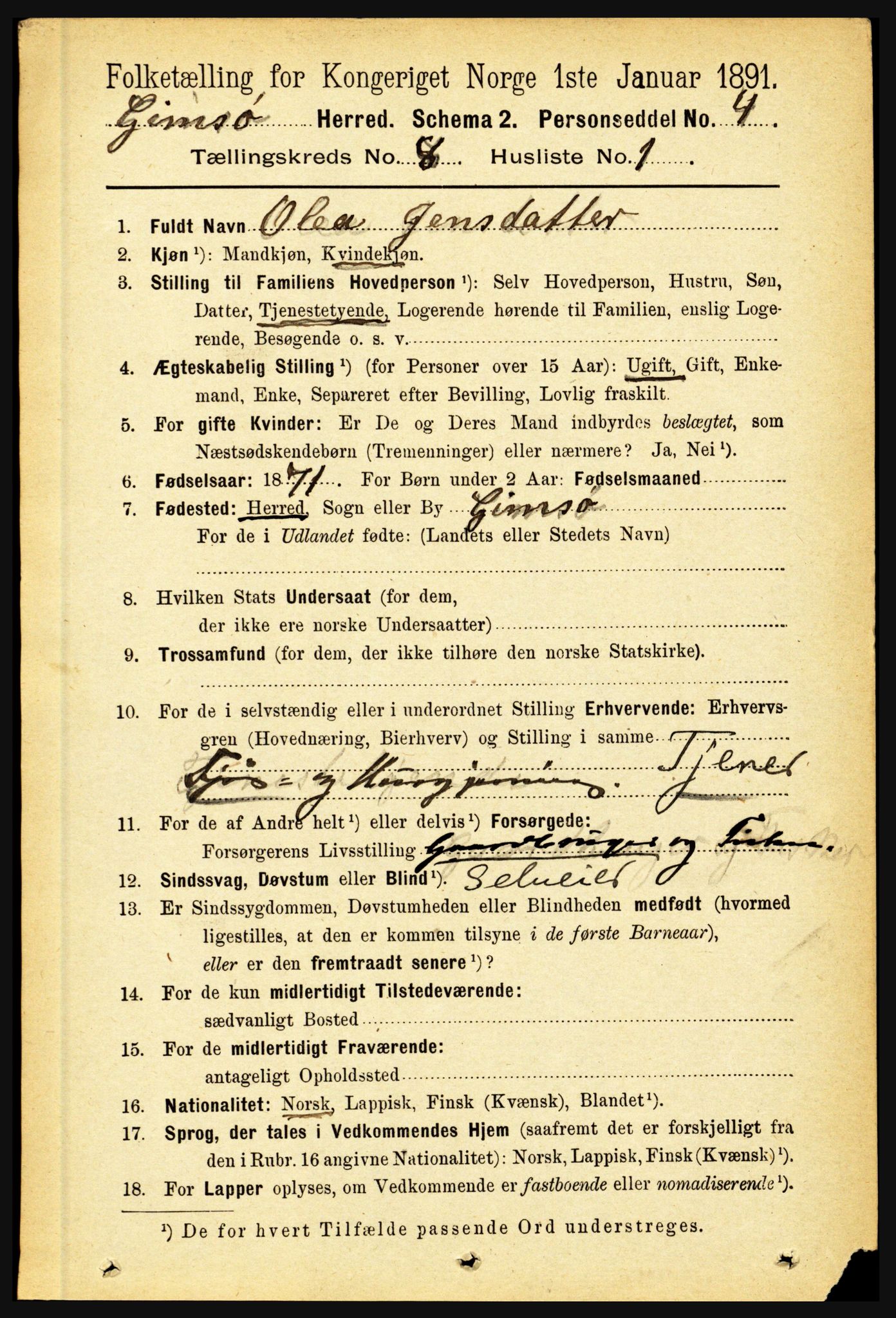 RA, 1891 census for 1864 Gimsøy, 1891, p. 1416