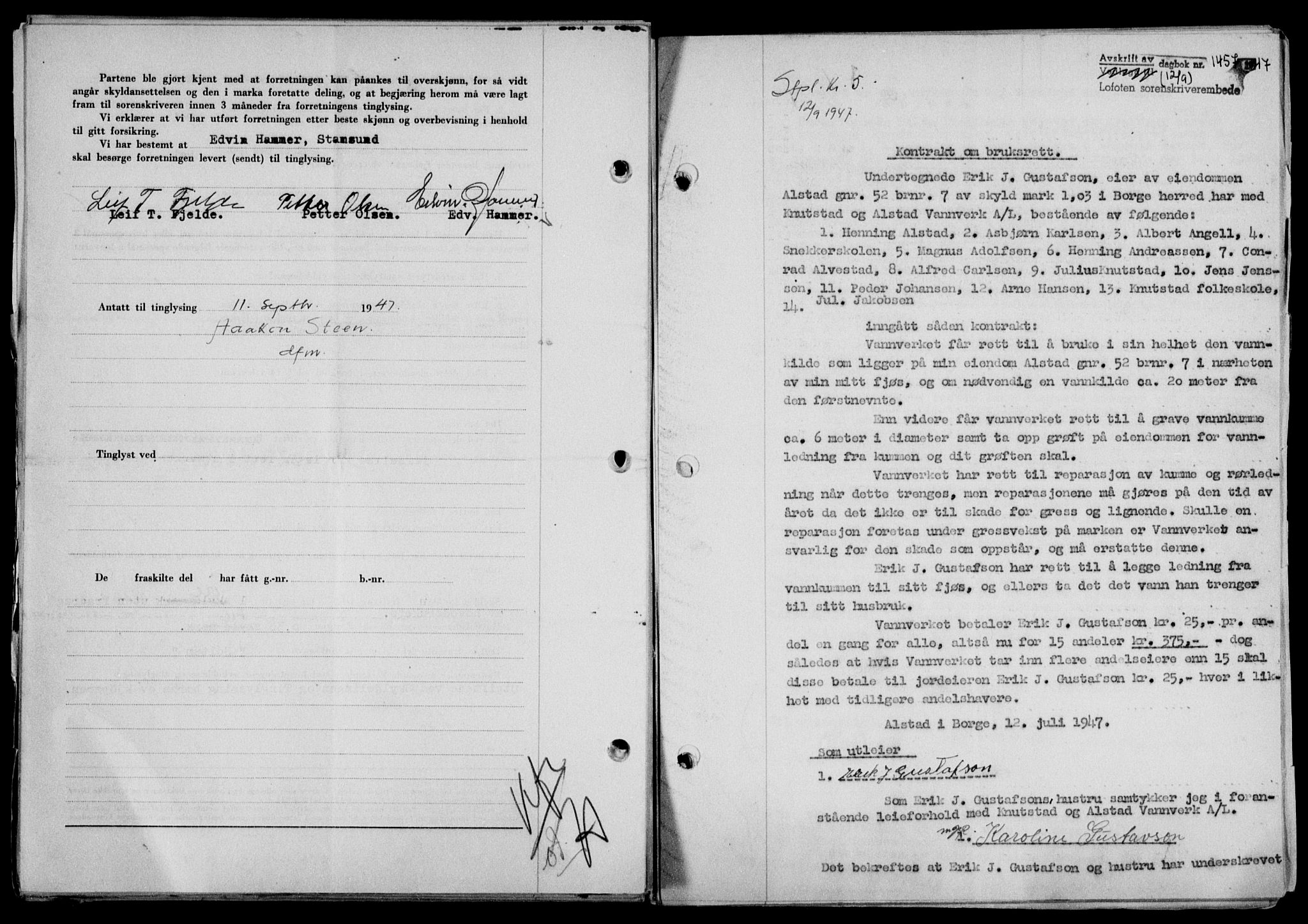 Lofoten sorenskriveri, SAT/A-0017/1/2/2C/L0016a: Mortgage book no. 16a, 1947-1947, Diary no: : 1457/1947