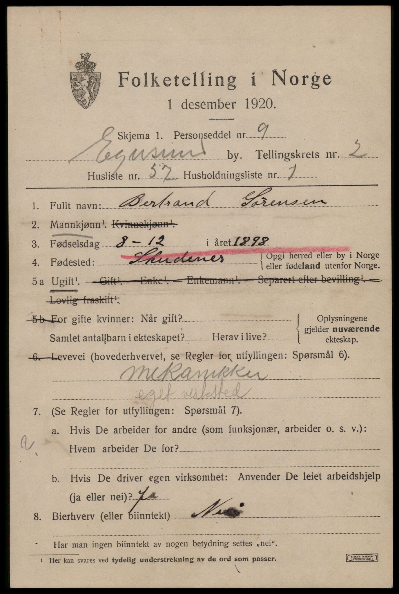 SAST, 1920 census for Egersund town, 1920, p. 4406