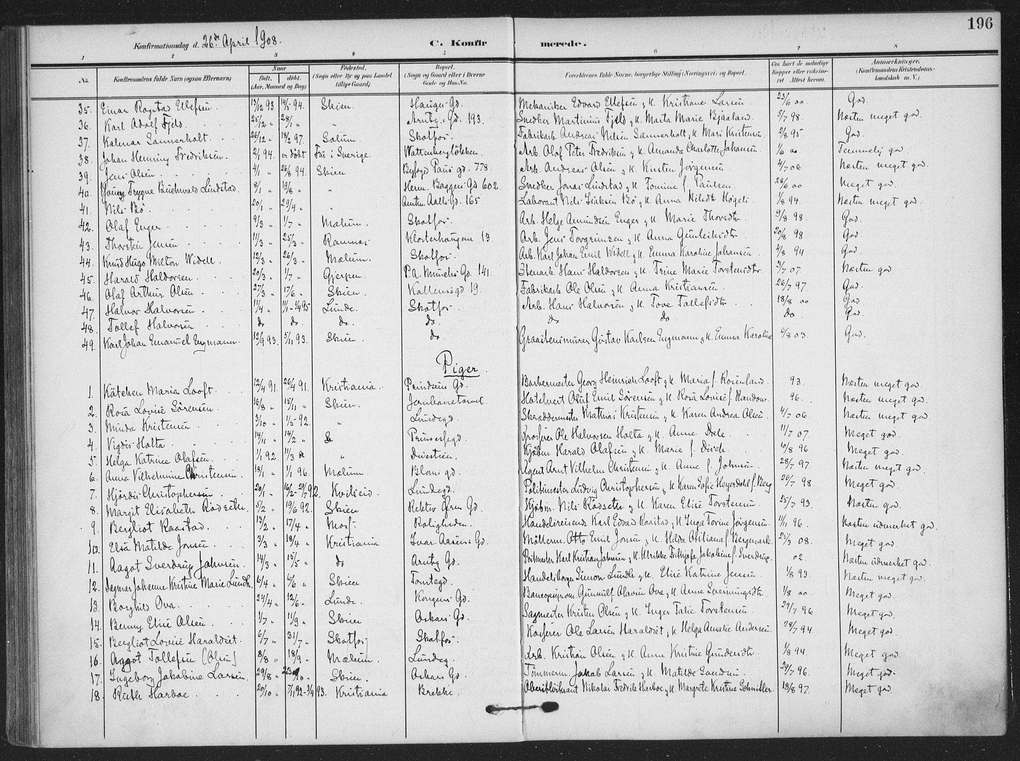 Skien kirkebøker, SAKO/A-302/F/Fa/L0012: Parish register (official) no. 12, 1908-1914, p. 196