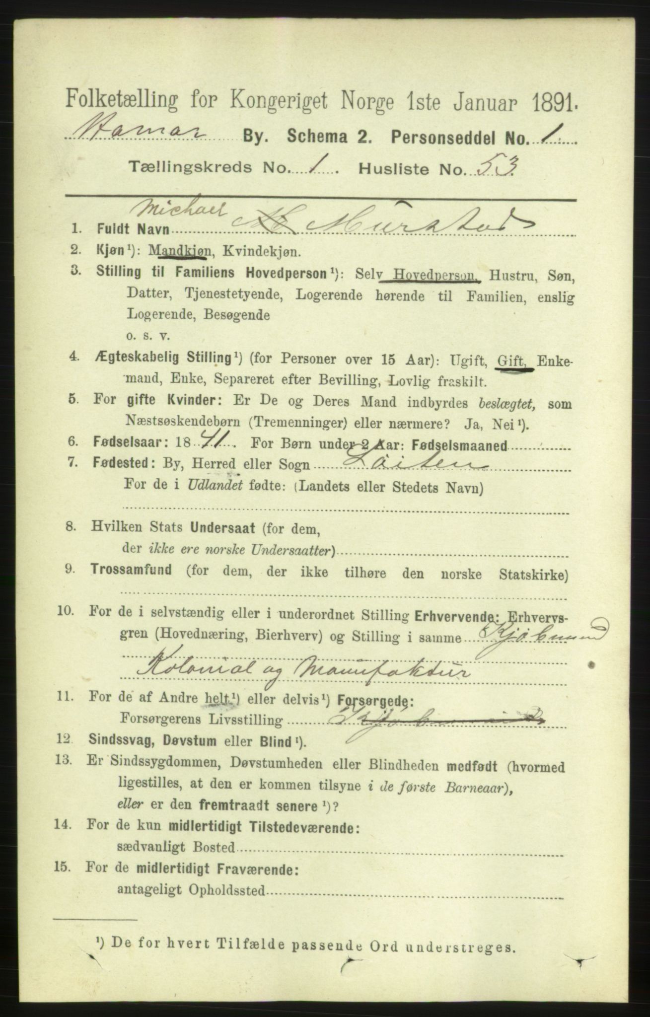 RA, 1891 census for 0401 Hamar, 1891, p. 914