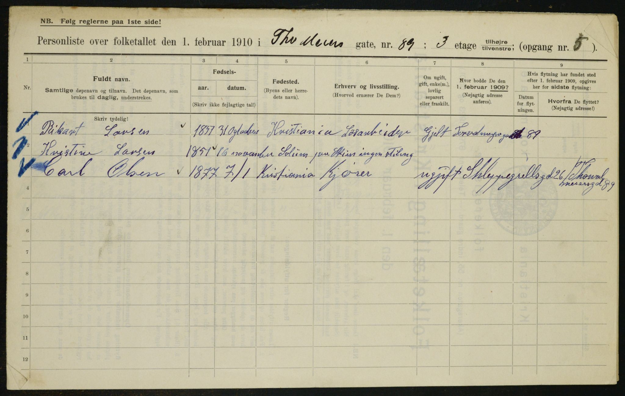 OBA, Municipal Census 1910 for Kristiania, 1910, p. 105666