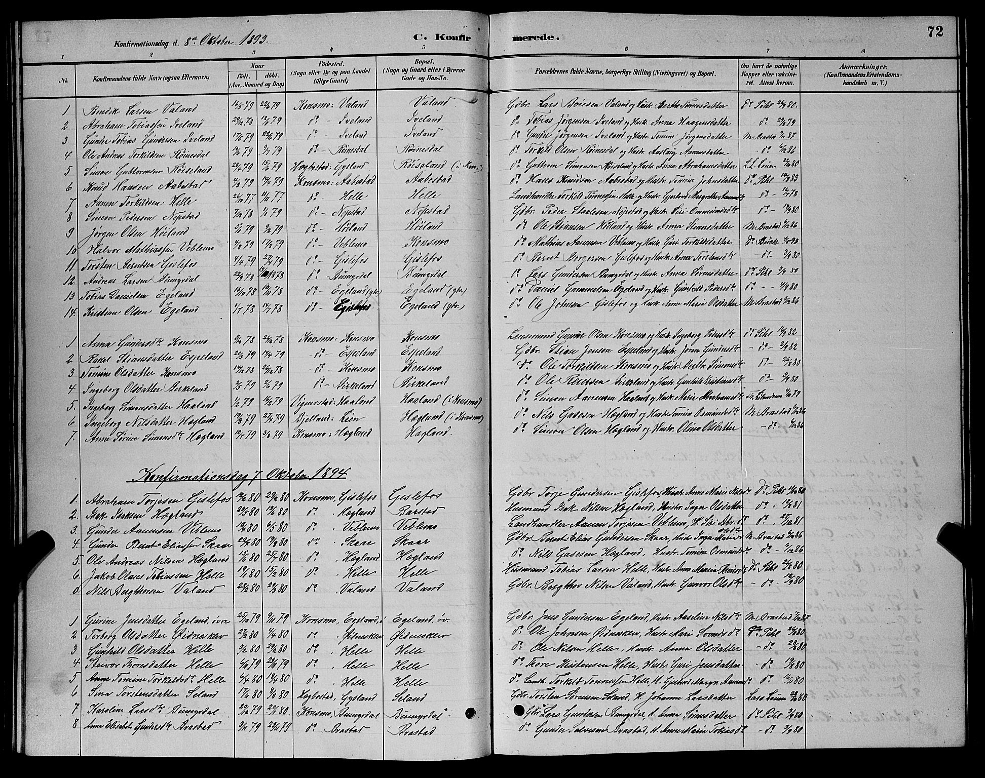 Nord-Audnedal sokneprestkontor, AV/SAK-1111-0032/F/Fb/Fba/L0003: Parish register (copy) no. B 3, 1881-1900, p. 72