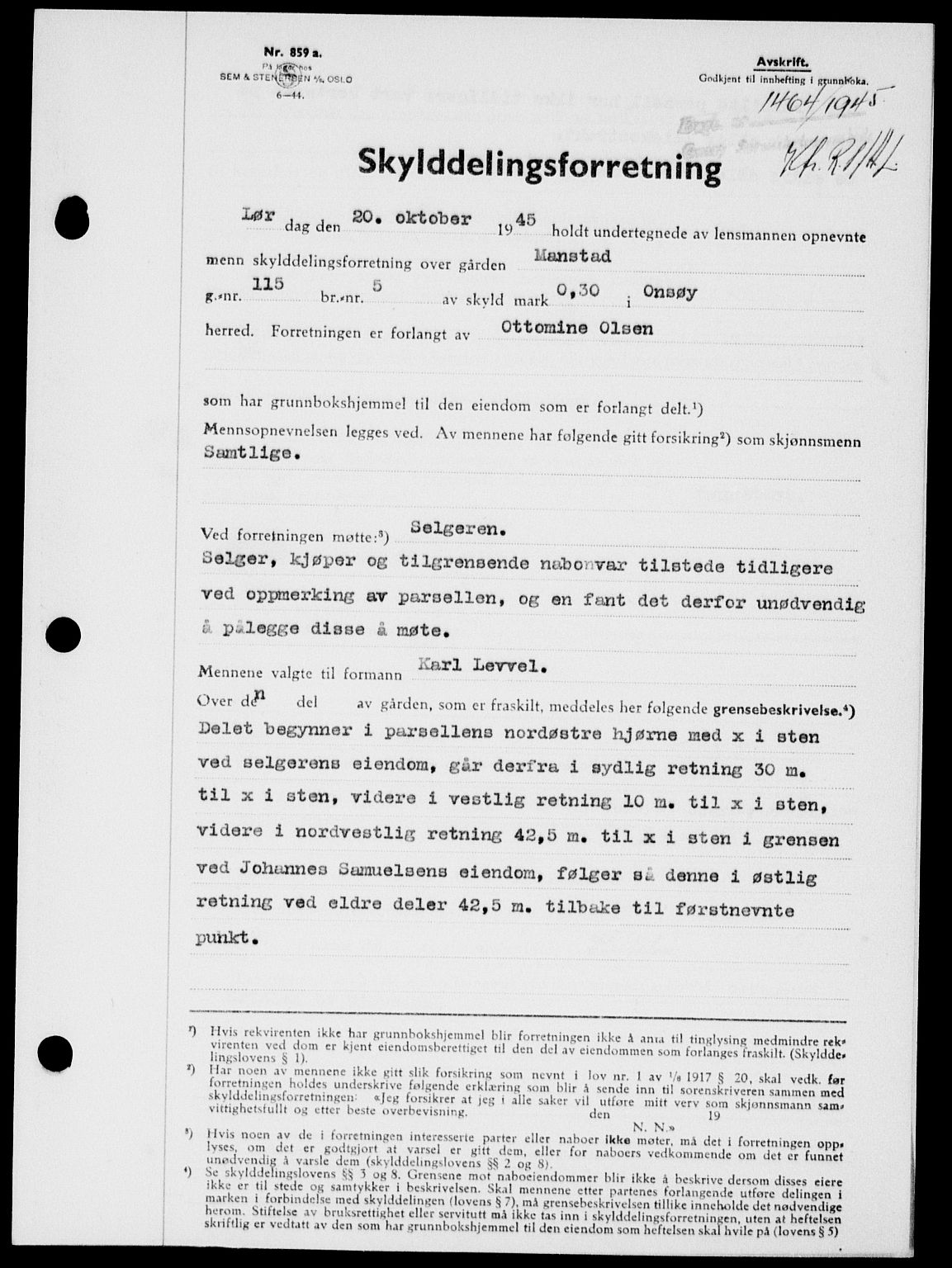 Onsøy sorenskriveri, SAO/A-10474/G/Ga/Gab/L0015: Mortgage book no. II A-15, 1945-1946, Diary no: : 1464/1945