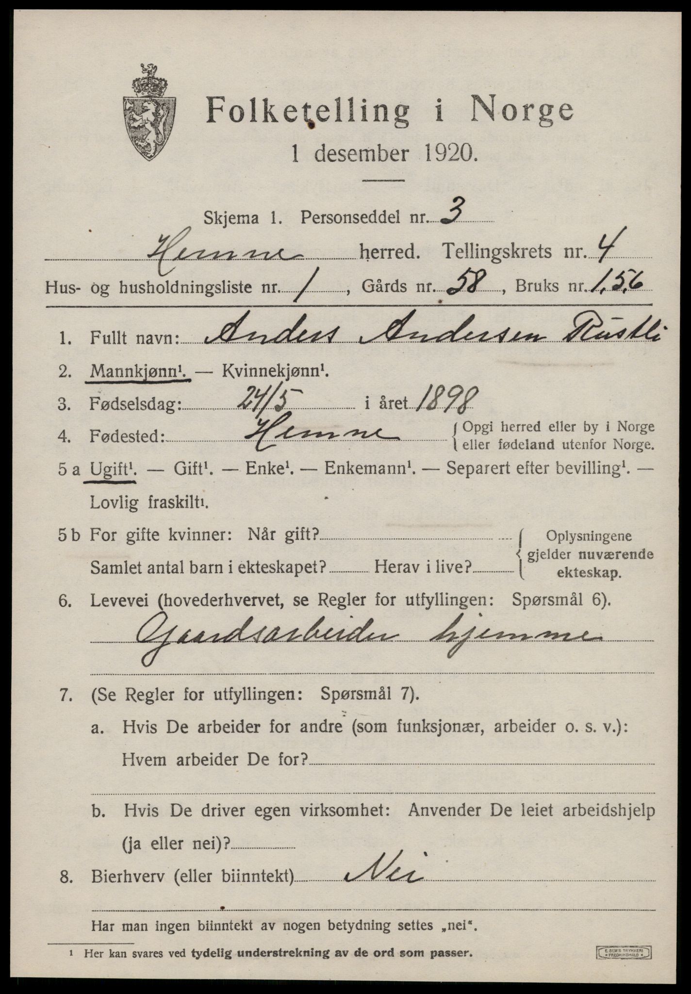 SAT, 1920 census for Hemne, 1920, p. 2854