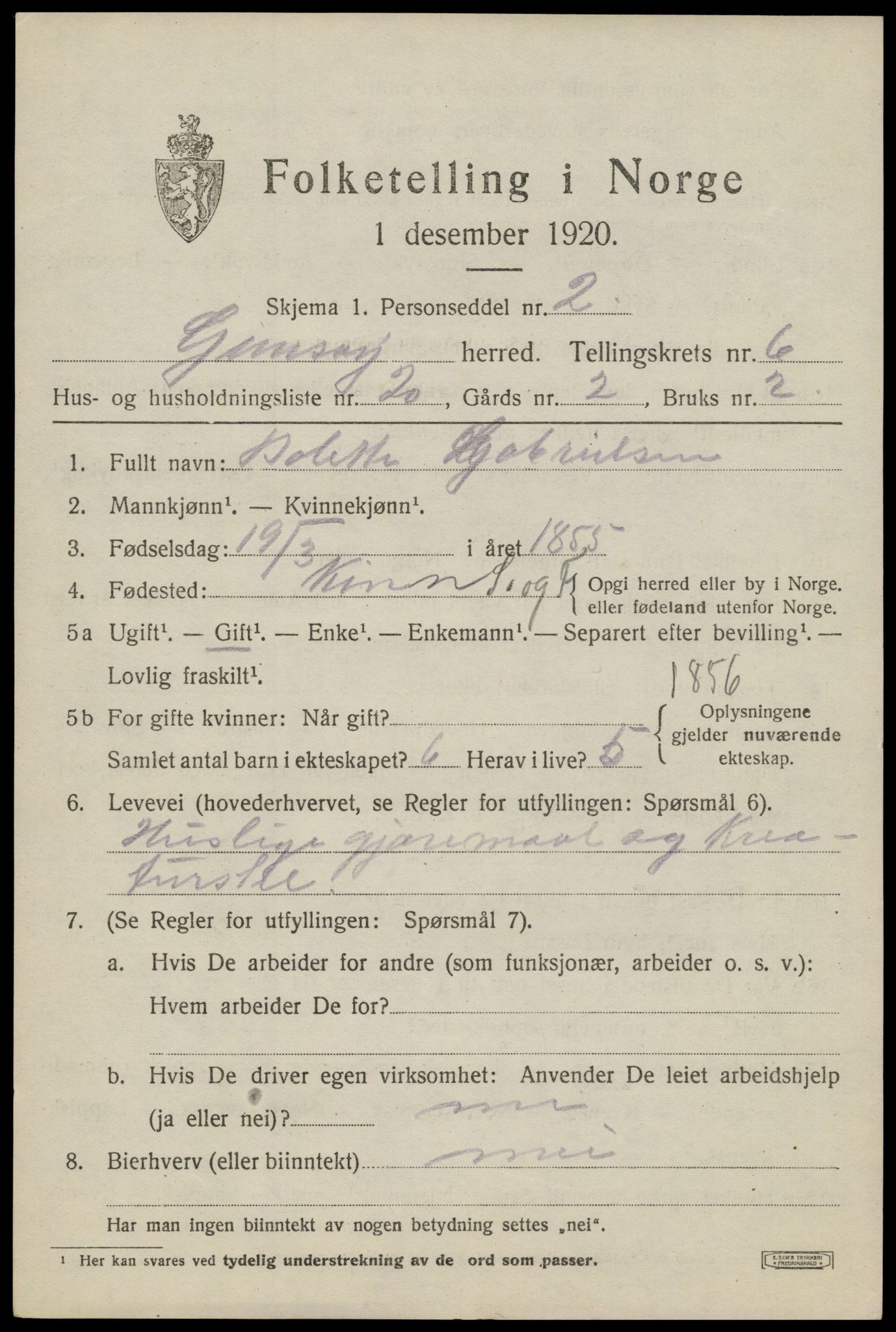 SAT, 1920 census for Gimsøy, 1920, p. 3075