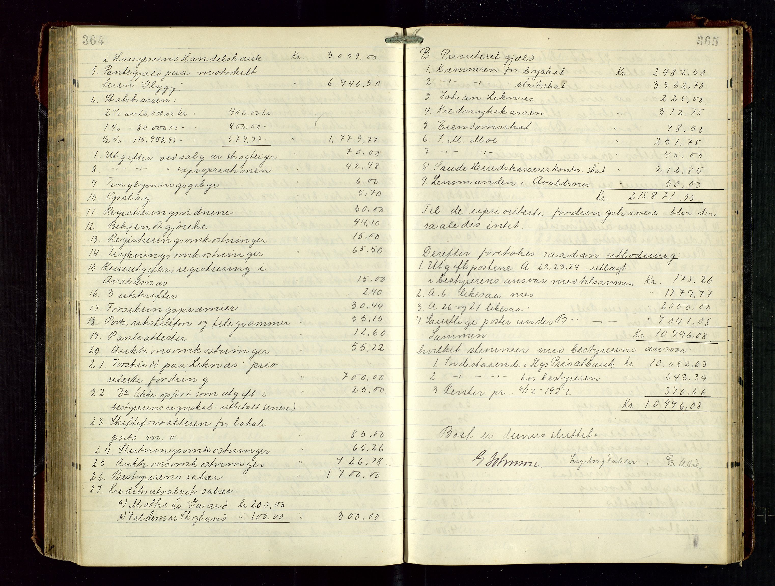 Haugesund tingrett, AV/SAST-A-101415/01/IV/IVD/L0003: Skifteutlodningsprotokoll, med register, 1915-1924, p. 364-365