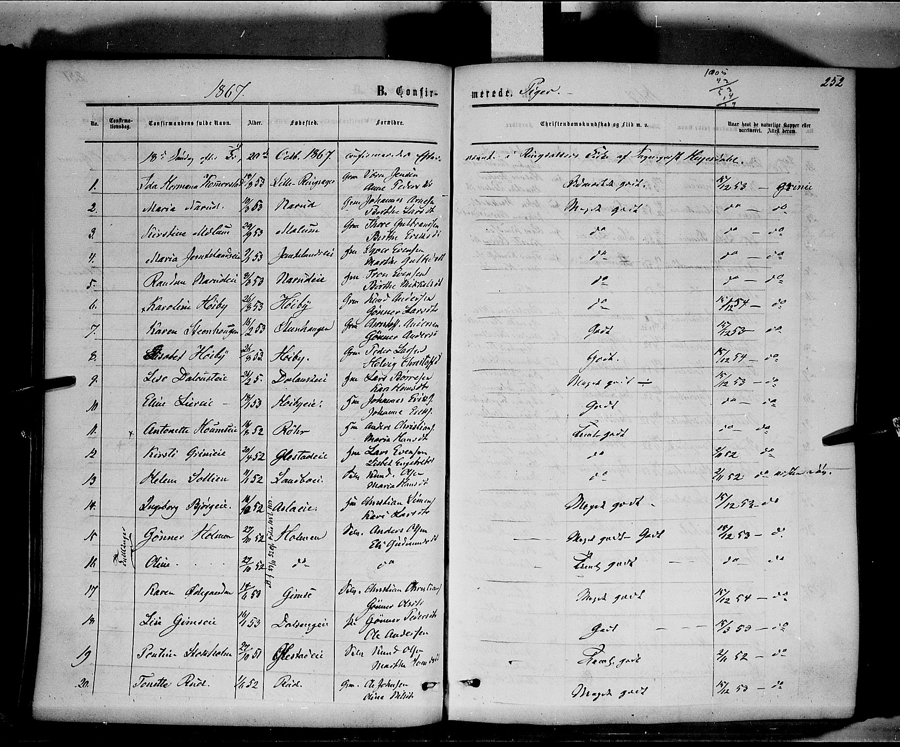 Ringsaker prestekontor, AV/SAH-PREST-014/K/Ka/L0010: Parish register (official) no. 10, 1861-1869, p. 252