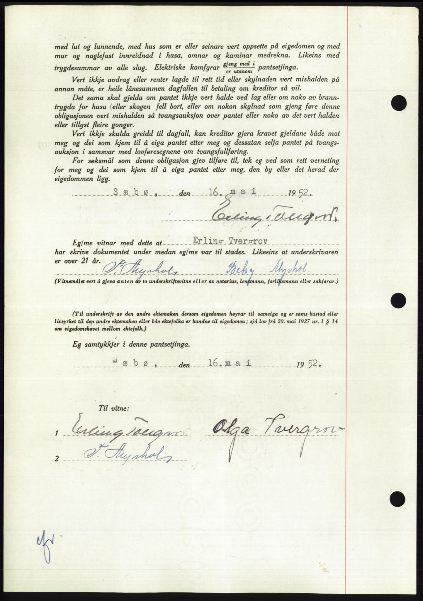 Søre Sunnmøre sorenskriveri, AV/SAT-A-4122/1/2/2C/L0121: Mortgage book no. 9B, 1951-1952, Diary no: : 1062/1952