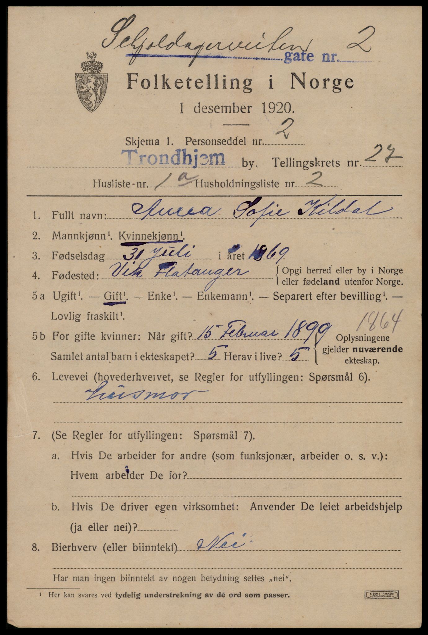 SAT, 1920 census for Trondheim, 1920, p. 69756